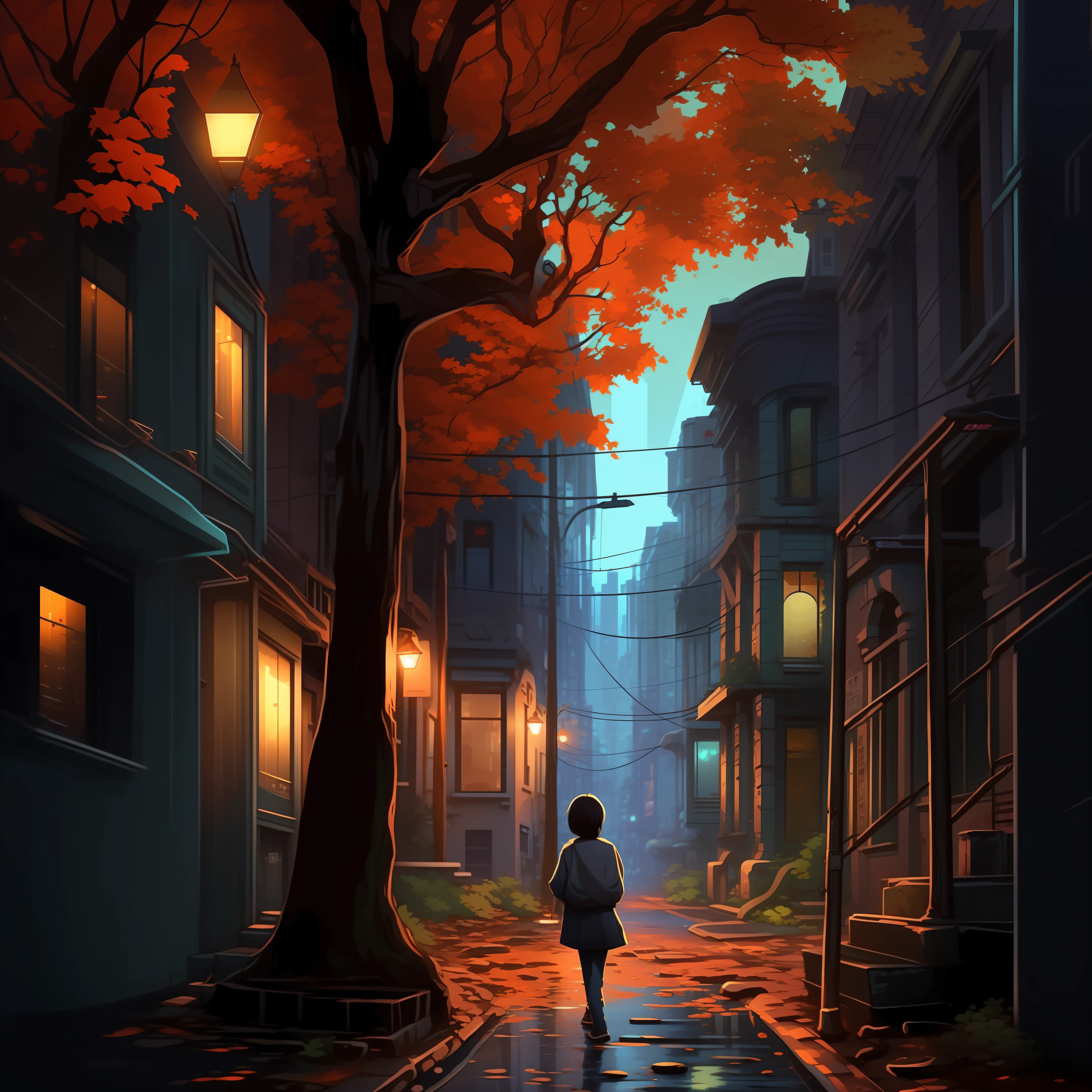 A person walking down the street，There is a tree in the middle, quiet street, wandering in the city, Anime background art, forest city streets behind her, background artwork, arte de fundo, Stylized urban fantasy artwork, author：fujita goro, calm evening. Digital illustration, Praise Artstyle, inspirado em Goro Fujita, Inspired by Cyril Rolando