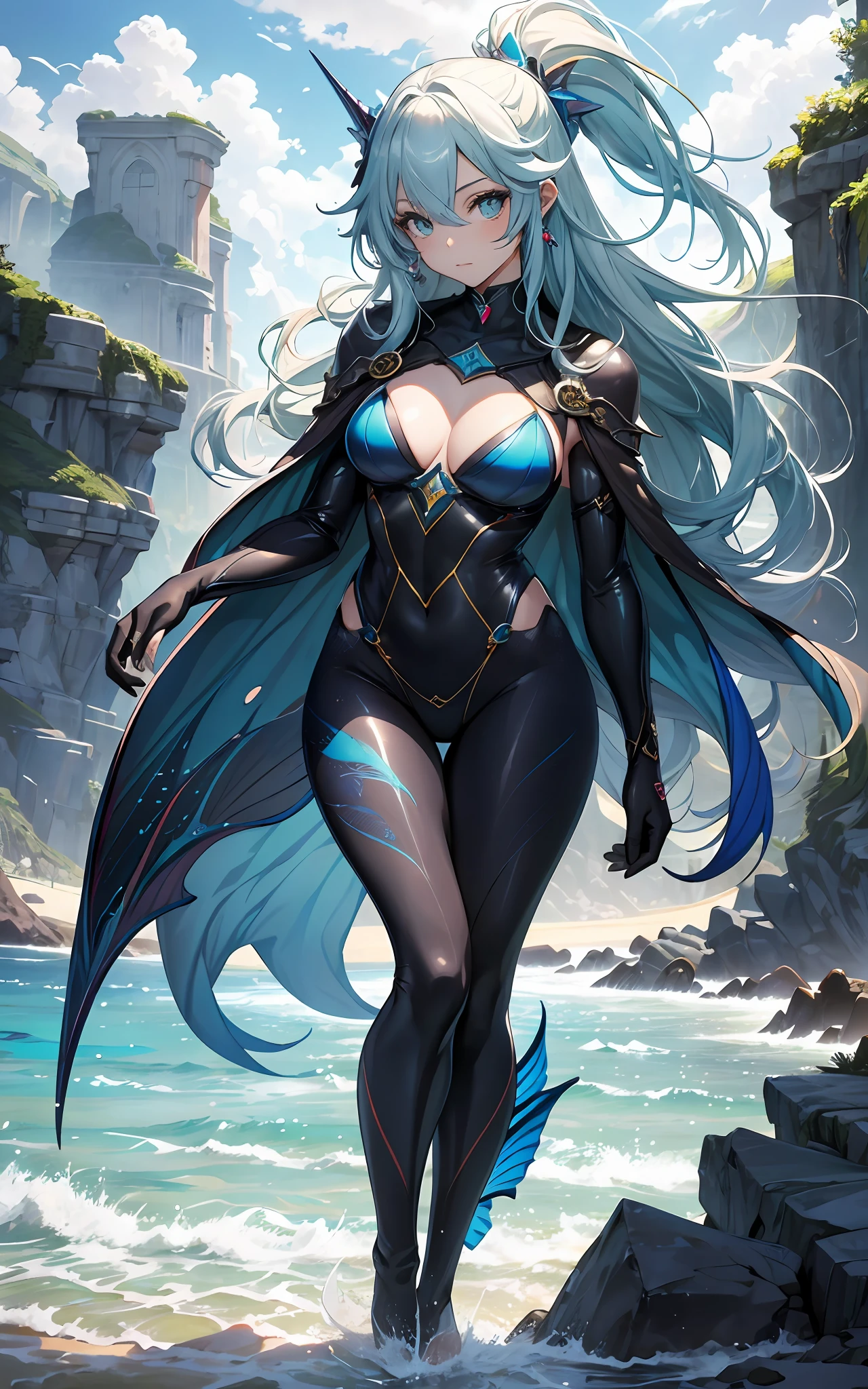 best qualityer,tmasterpiece,Ultimate resolution,downy,Extremely colorful,Colorful,Mermaid princess,cabellos largos dorados,a matural female,blue bikini,The kinky is exposed,The barefoot,the ocean,blue skinsuit,Normal body proportions,Normal posture