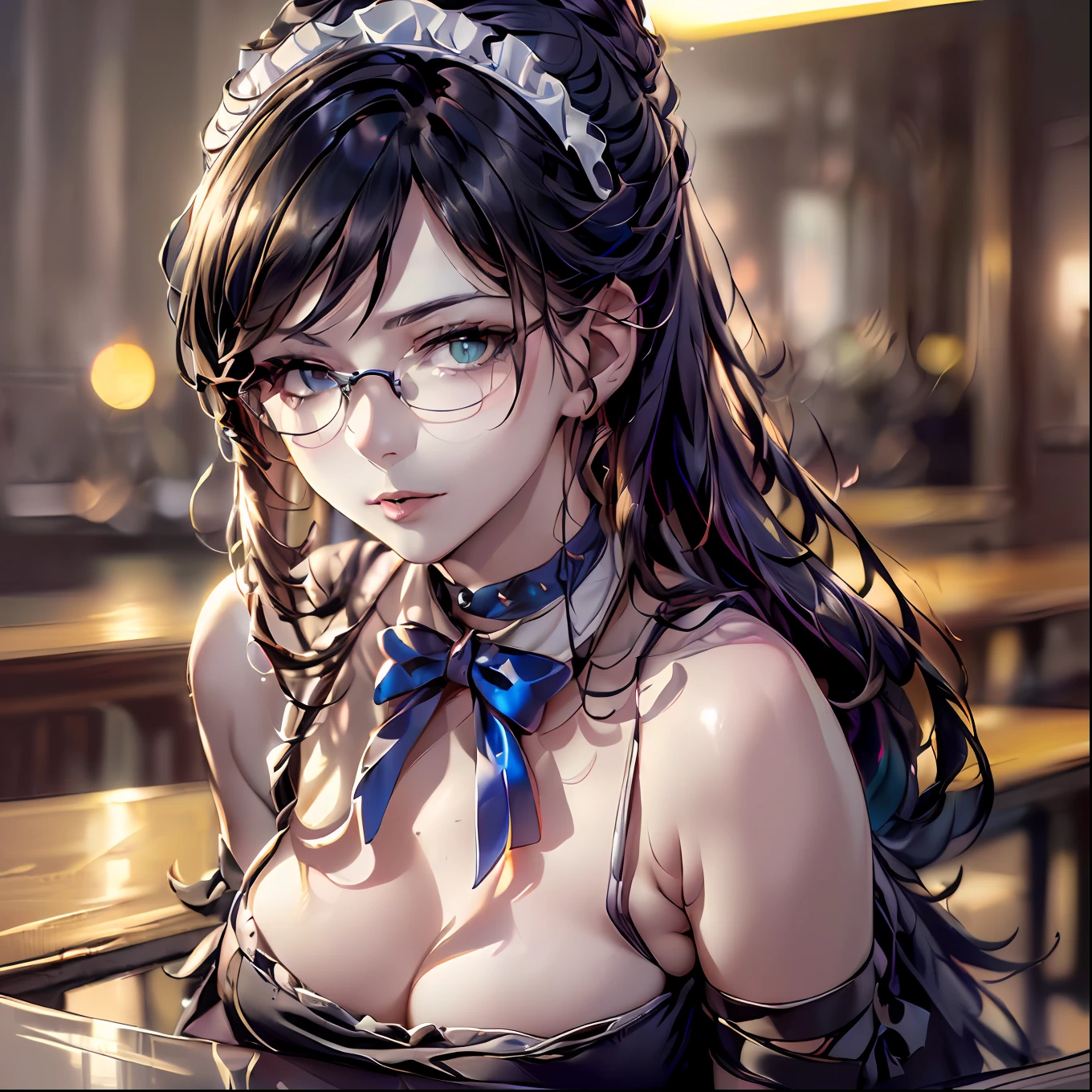 (64k, RAW photo, highres, best quality, masterpiece:2.0), (ultra-fine depiction of the detail:2.0), (realistic, beautiful, photo-realistic:1.3), 1girl, (yuri alpha), (long black hair, slightly messy), (slightly messy diagonal bangs), (single braid bun, double bun), (shiny black hair, blue-gray eyes),(cool glasses), (gothic style vivid blue choker), (blue bowtie and ribbon) (simple but high-quality maid dress), (elaborately designed, vivid dark emerald green, spiked gantlets), (solemn maid dress with gothic style coreset), (huge breasts, sexy cleavage), (elegant and handsome woman), (shiny skin, pink lips), (looking at the viewer), (a caring, gentle, gaze toward the viewer:1.4), (closed mouth, a faint smile:1.2), (at a quiet bar counter, filled with solemn, mysterious atmosphere), (highly sophisticated professional HDR, with effective ambient occlusion, perfectly optimized effective spot light and front light:1.8), (perfect, natural, harmonious composition), (photo-realistic, ultra-detailed:1.5), ((portrait:1.6)),