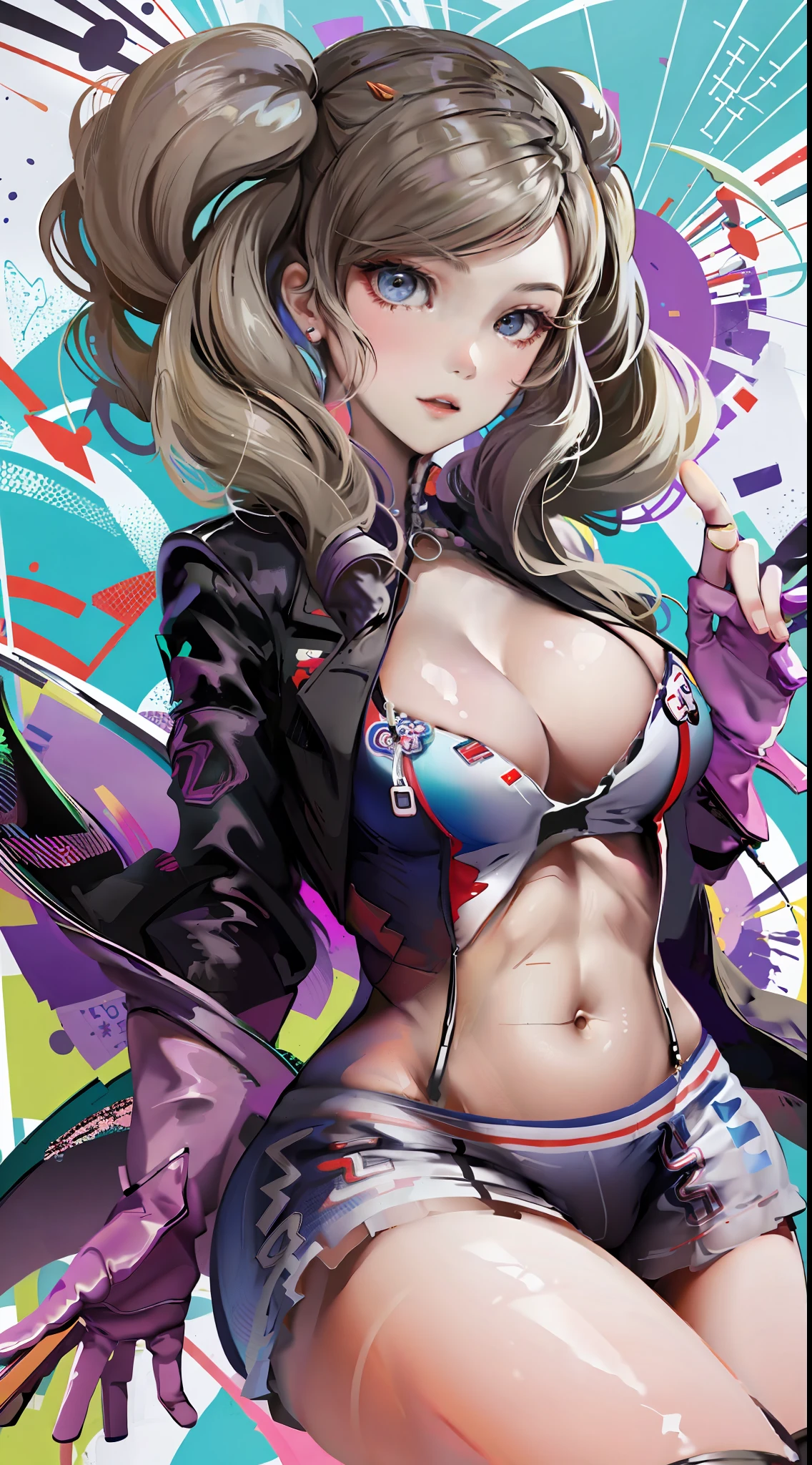 ann takamaki,ssee-through,Fleshy thighs,Pose,Poster publicity style,Student clothes,Ocean park,busty figure,C cup,Happy expression