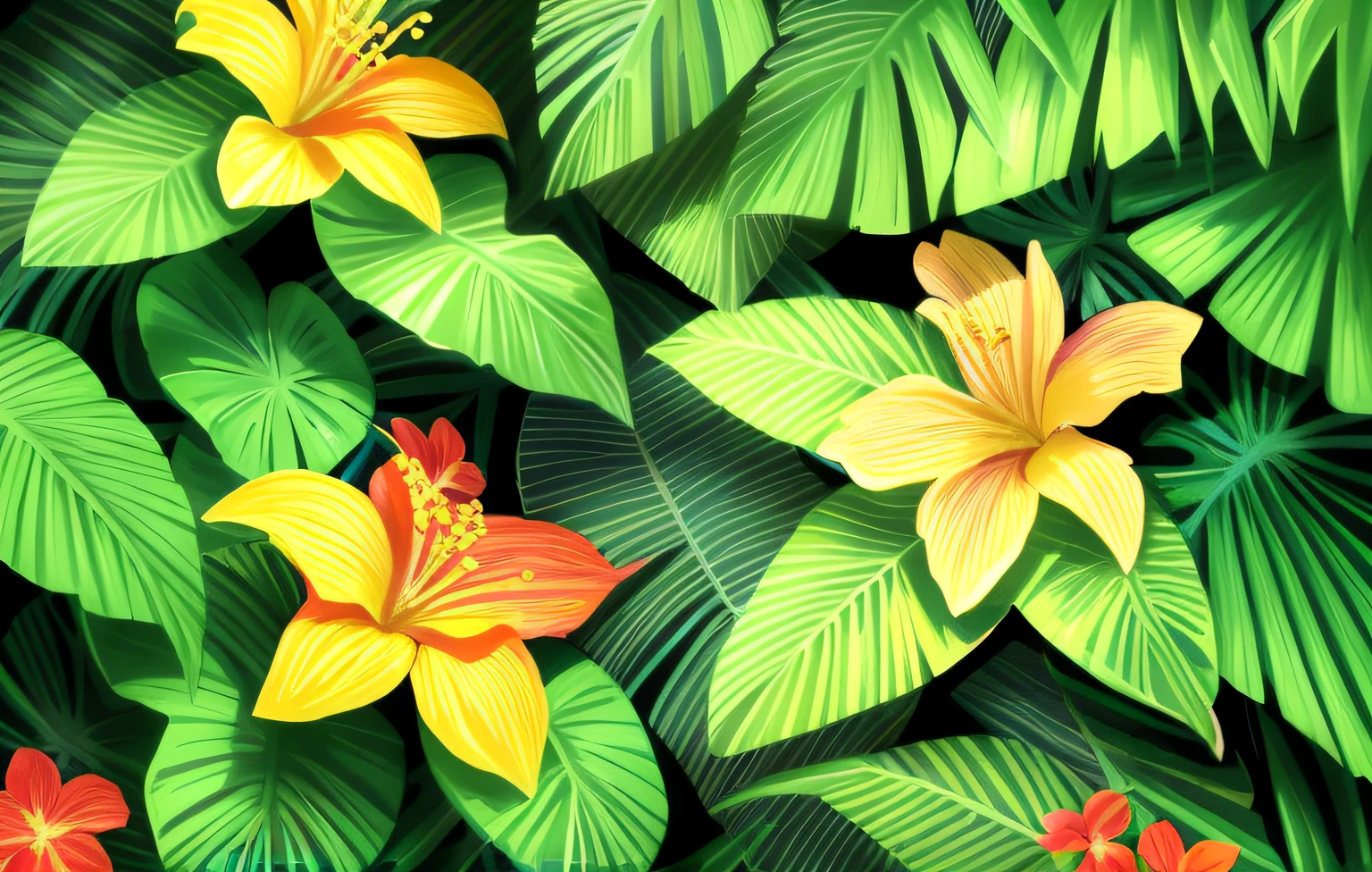 Tropical foliage and flower background, tropical flower plants, tropical plants and flowers, beautiful tropical flowers, colorful tropical plants, blooming tropical flowers, Tropical plants, lush garden leaves and flowers, tropical flowers, tropical background, detailed digital illustration, photorealistic print of exotic, tropical foliage, subtropical flowers and plants, Tropical leaves, matte digital illustration, tropical atmosphere, detailed beautiful plants