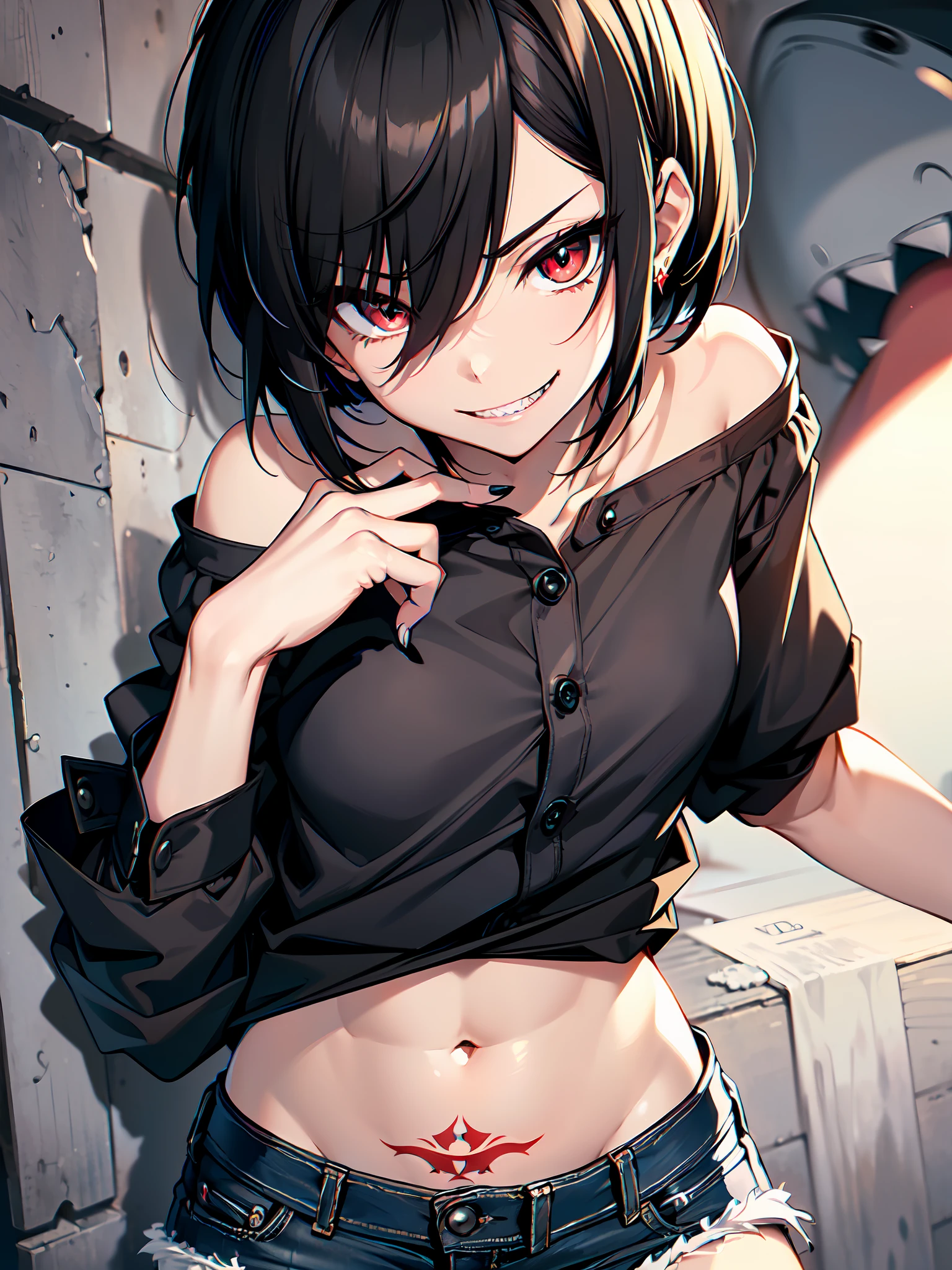 (best quality, detailed drawn hands, realistic fingers), (masterpiece, sidelighting, finely detailed beautiful eyes: 1.2), ((best quality)), ((masterpiece)), (highly detailed:1.3), anime, loli girl, small chest, childish body, (black shirt, shirt with bare shoulders), denim shorts, pale skin, (shadow cast on eyes, darkened eyes, red eyes), (shark teeth, sharp teeth, smirk, evilish smile, mischevious smile), (short-medium hair, black hair, fancy haircut), red tatto on left hand, scar on left hip, solo,