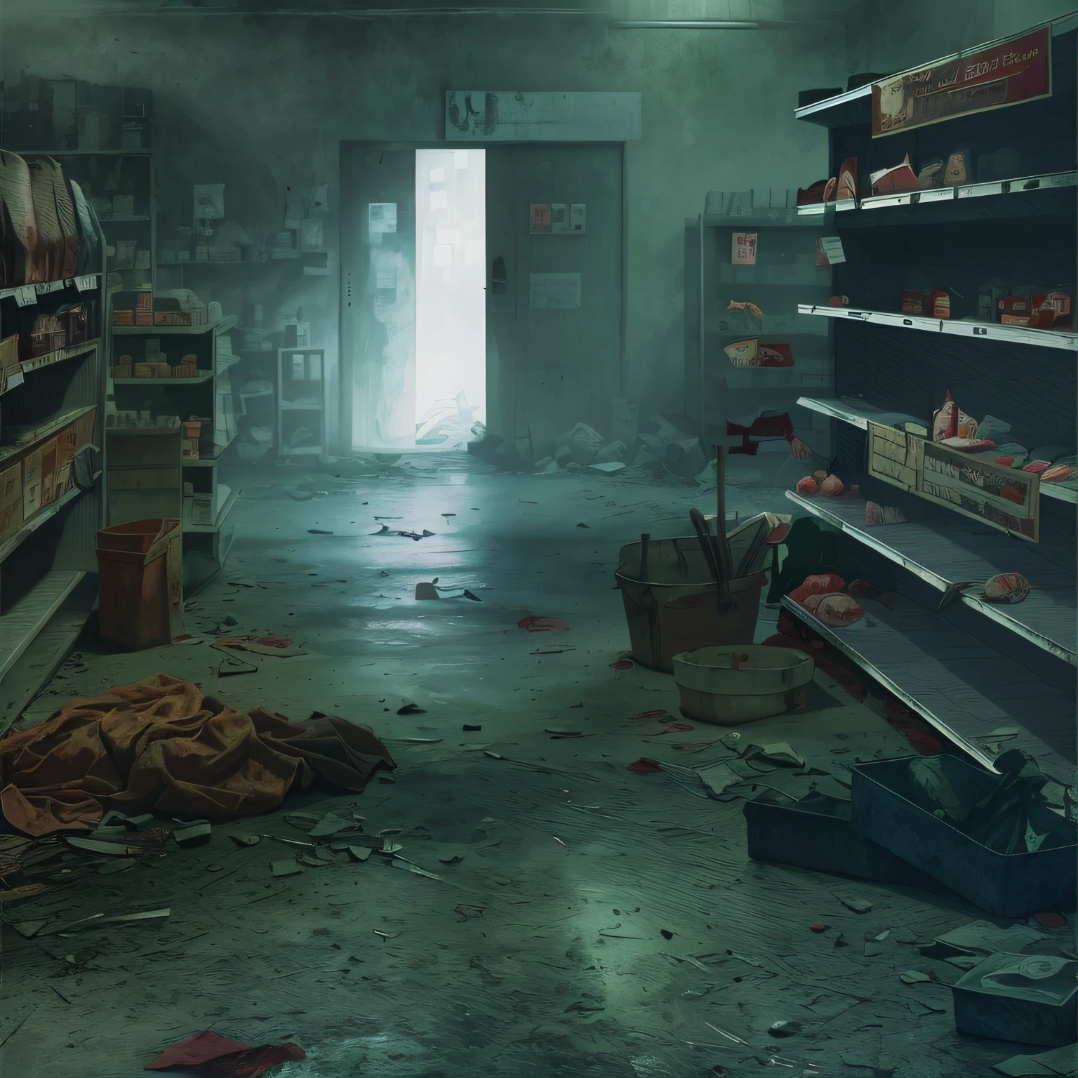 Alafid view of clean and empty shop,Shelves with a small number of items,photorealistic dark concept art, eerie nostalgic concept art, Post-apocalyptic shopping mall, Dystopian digital concept art, highly realistic concept art, silent hill concept art, post apocalyptic atmosphere, author:Alexander Jean, clean concept art, Post apocalyptic scenario