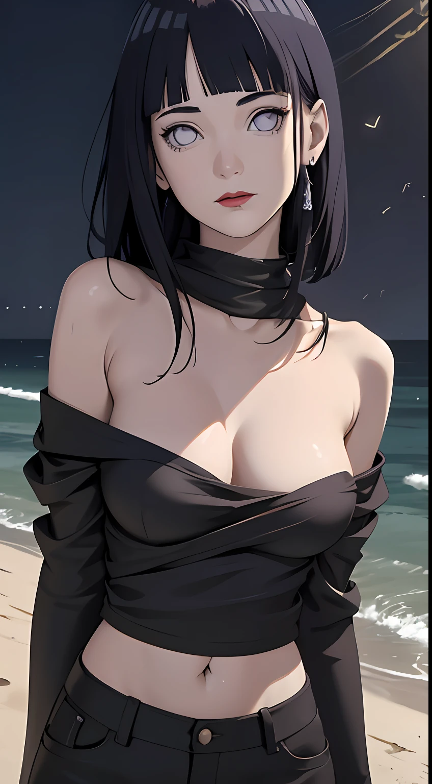 tmasterpiece, Johnny Depp walks across the beach at night among fireflies，brassier，sea beach，nigth, (high detal:1 1), Rough face, Natural skin, high qulity, NSFW,Naruto，Hinata，Black color hair，Straight hair，（Purple clothes：1.3）upperbody closeup，White eyes，Black pants，（Large breasts:1.1），(Skinny figure:1.4)，(Red lips:1.3)，（Off-the-shoulder attire:1.5），(Bickney:1.5)，（ssmile:1.5），(Be red in the face:1.4)，（cleavage:1.4），Purple clothes，beautidful eyes, (Detailed face and eyes), (the face: 1 2), noises,Extra, real photograph,Lamp film photography, sharp fokus, contrasty lighting, Delicate skin, High resolution 8K, insanely details, realisticlying, professional photoshooting, 8K  UHD, SLR camera, softlighting, high high quality, filmgrain, Fujifilm XT3，Keep one's mouth shut，particle fx
