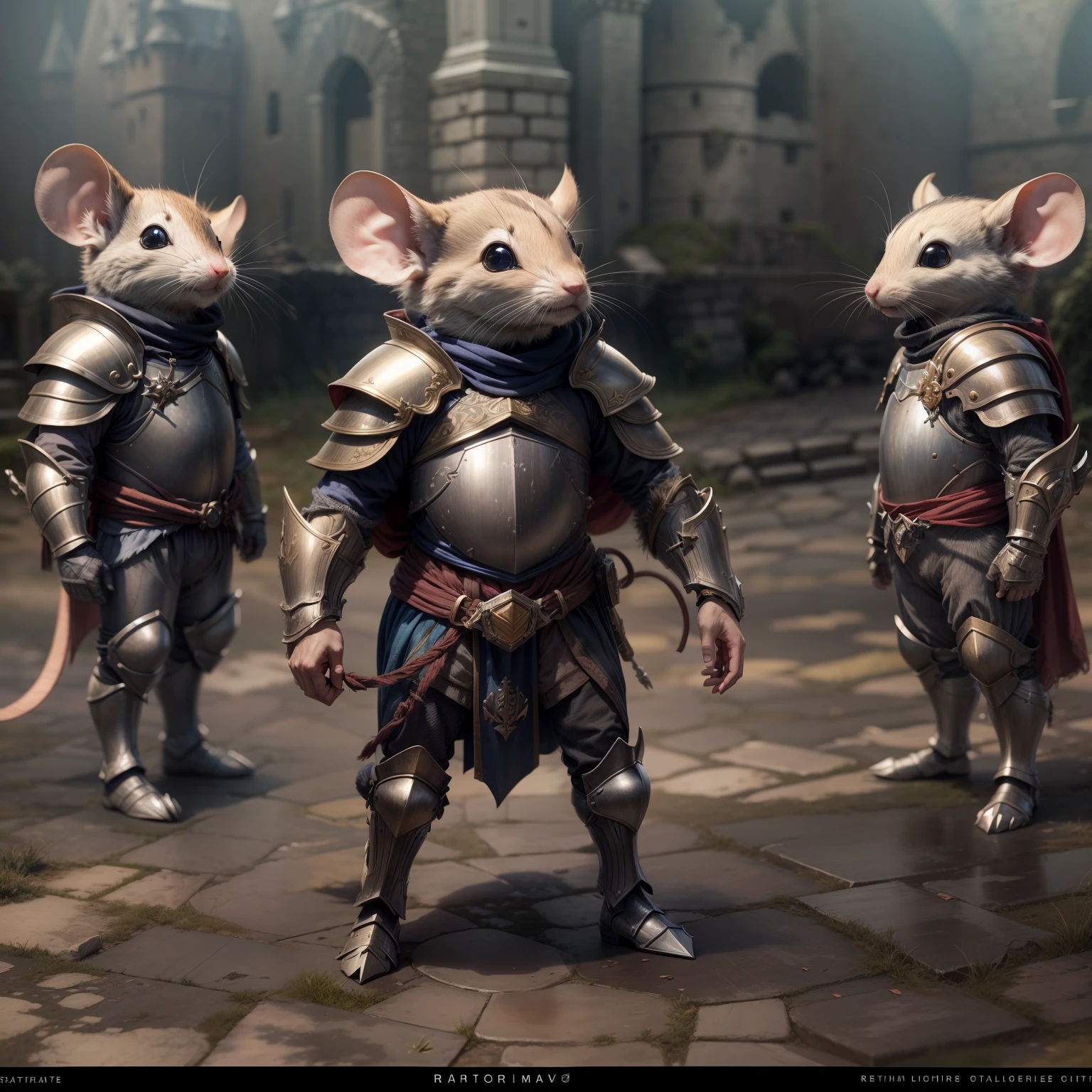 (The little mouse stood up like a human:1.5),(Full body photo),middle,1 Little Mouse Knight(mouse,Armor,Small stature,emaciated),Stand on both legs,miracle,damaged armor,NOhumans,rays of moonlight,Fantastic brilliance,Destroy the castle,(globalillumination、Ray traching、hdr、The rendering is not realistic、Rational design、tmasterpiece、best qualtiy、hyper HD、cinmatic lighting)