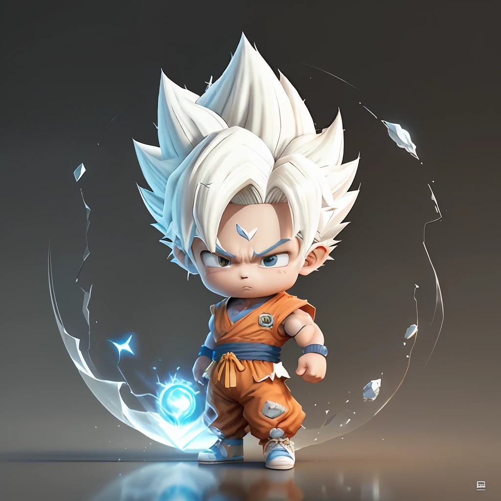 Goku, super saiyan, exquisite hair, arm depiction, white and blue hair body, exquisite shoes, eye depiction, exquisite hair, popmart blind box, clay texture, stepping on the land, black and white background, natural lighting, most good quality, super detail, 3D art, c4d, OC renderer, 3D rendering, 8k