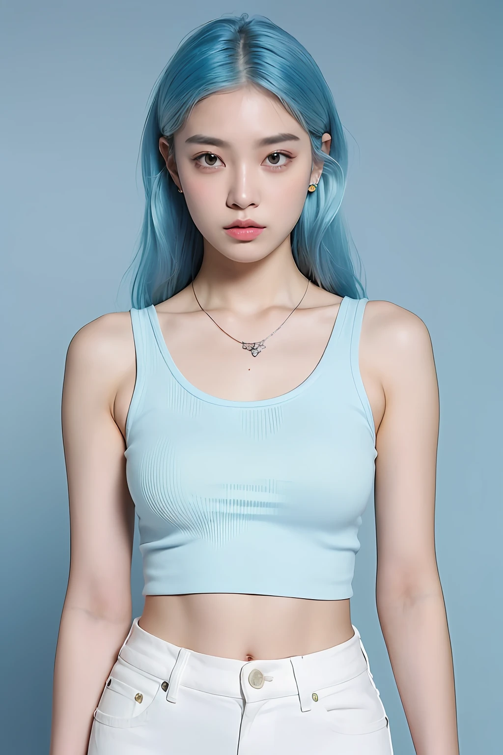(extra detailed body、extra detailed face、best qualtiy:1.2)、femele、looking at the viewers、(lightblue hair、White tank top、a necklace、Piercing Jeans)、(Over-the-background:1.4)