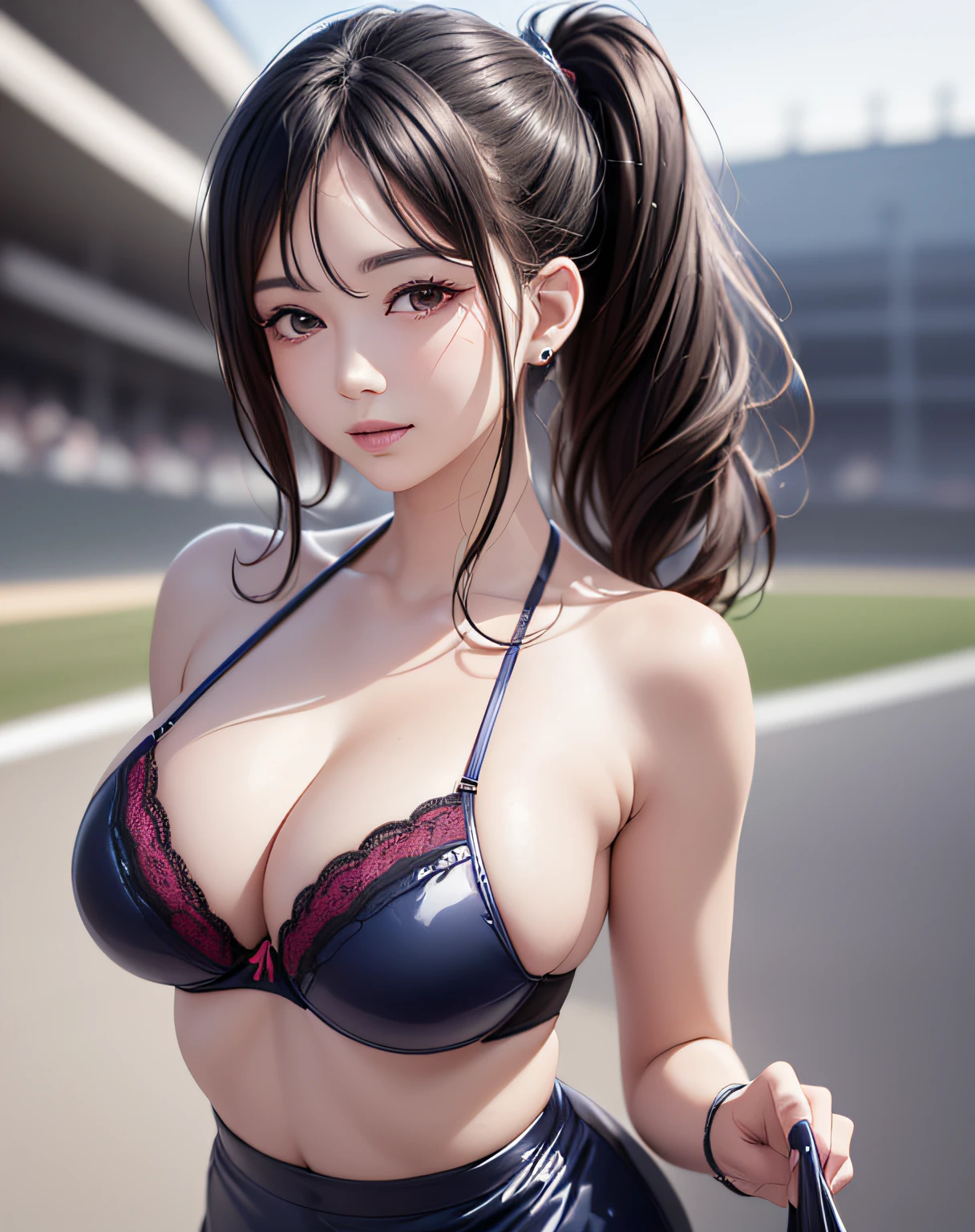 (event companion:1.5, racing circuit background:1.5), photo realistic, anime style, (8k, RAW photo, best quality, masterpiece:1.2), High detail RAW color photo, professional photograph, cowboy shot, (realistic, photo realistic:1.37),cinematic light, (finery detailed face:1.2), cowboy shot, thigh 1 girl in bath, 28-38 years old, very cute, very beautiful, photo realistic, event companion, BREAK, white oily skin, real human skin, (detailed face), oval face, pores, round eyes:1.0, ultra high res, BREAK, slim, (medium-large-breast:1.37, cleavage:1.37), (looking straight at viewer with a serene and goddess-like happiness:1.2), (lifter gloss, eyelashes, gloss-face, best quality, ultra highres, Broad lighting, natural shading), (beautiful thin short hair, wavy pony-tail hair style:1.5, shiny-black hair:1.5), BREAK, (esthetician uniform:1.3, blue pvc shirt;1.3, open shirt:1.3, magenta-lace-bra:1.3, black knee-length pvc-pencil-skirt:1.3), BREAK, ((show case:1.5, standing in the racing circuit1.5, The audience seats are drawn in the background:1.5)), ((from below:1.3, standing in the circuit lane, leaning forward)), blurry background, bokeh, depth of field, cowboy shot:1.3, centered image,