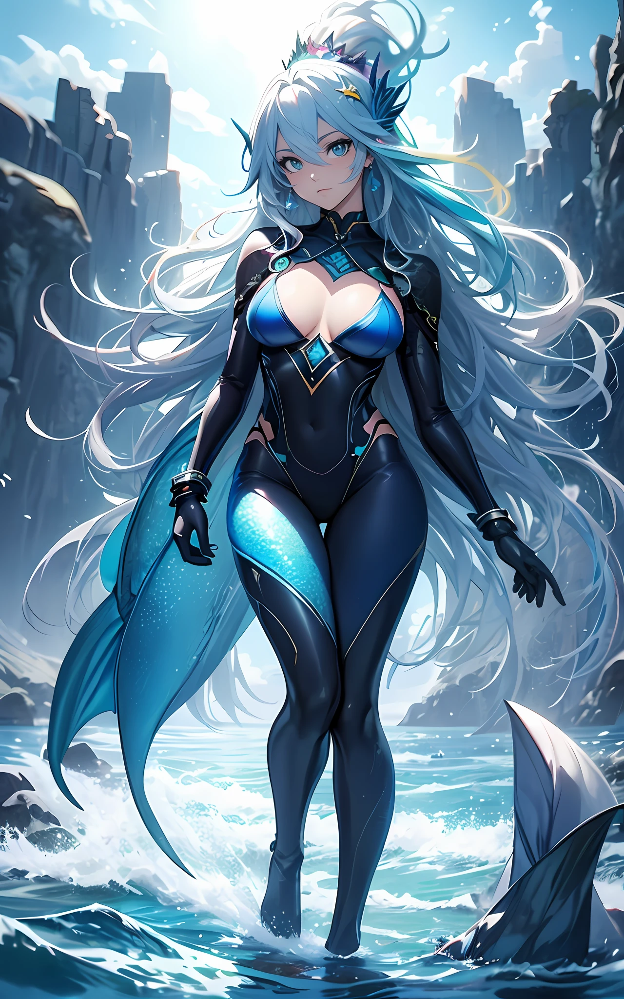 best qualityer,tmasterpiece,Ultimate resolution,downy,Extremely colorful,Colorful,Mermaid princess,cabellos largos dorados,a matural female,blue bikini,The kinky is exposed,The barefoot,the ocean,blue skinsuit,Normal body proportions,Normal posture
