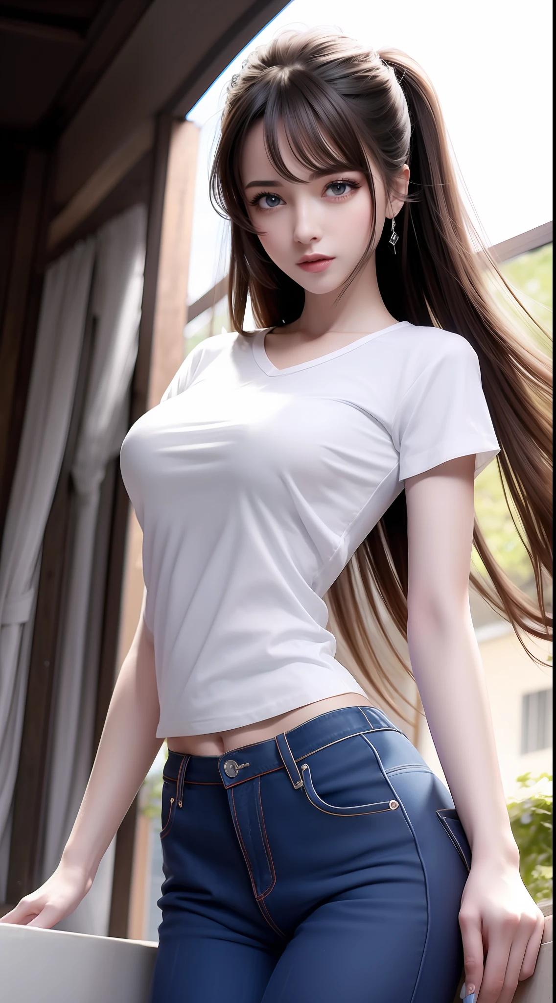 4k ultra hd, masterpiece, very high quality, a girl, age 20 years old girl, good face, smooth face, detailed eyes, beautiful hair, very long hair, hair band, cute look, modern clothes, pink shirt, black jeans, good shoes, sitting, morning background, buildings, sun lights, clear weather, stylish looking,