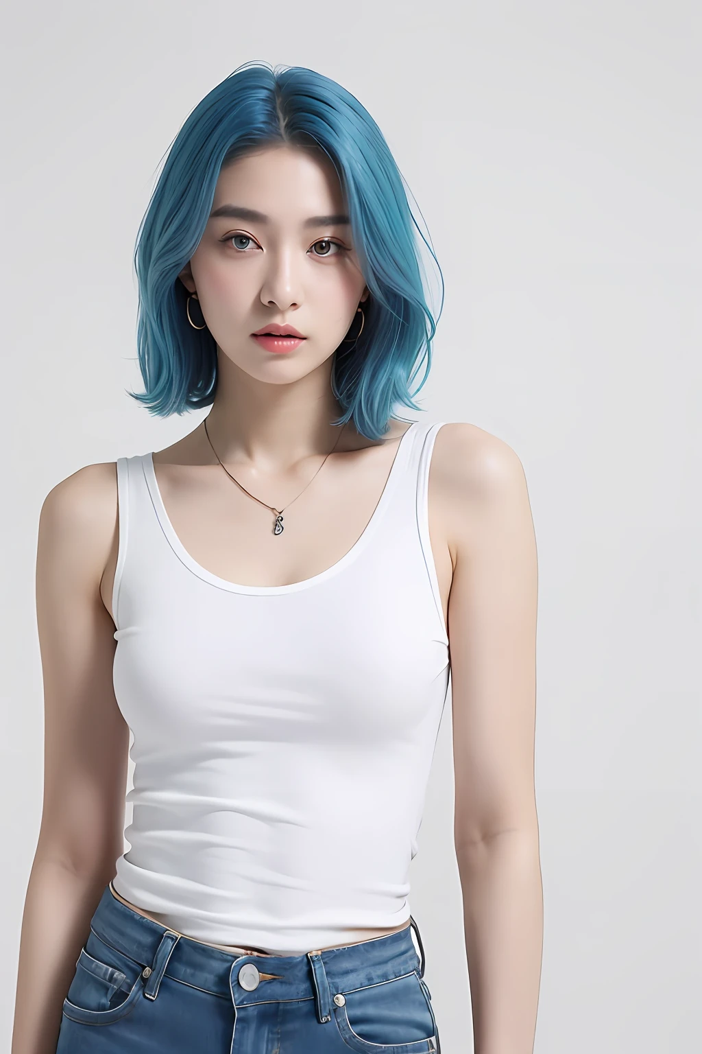 (extra detailed body、extra detailed face、best qualtiy:1.2)、femele、looking at the viewers、(lightblue hair、White tank top、a necklace、Piercing Jeans)、(Over-the-background:1.4)