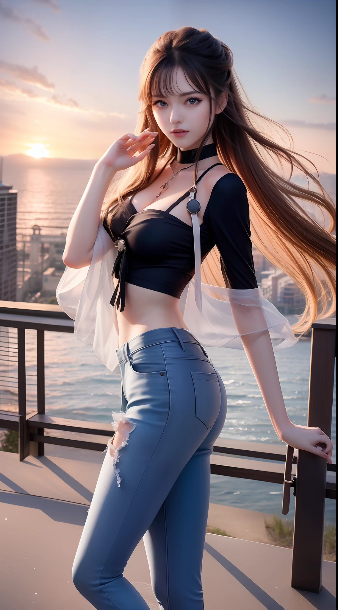 4k ultra hd, masterpiece, very high quality, a girl, age 20 years old girl, good face, smooth face, detailed eyes, beautiful hair, very long hair, hair band, cute look, modern clothes, pink shirt, black jeans, good shoes, sitting, morning background, buildings, sun lights, clear weather, stylish looking,