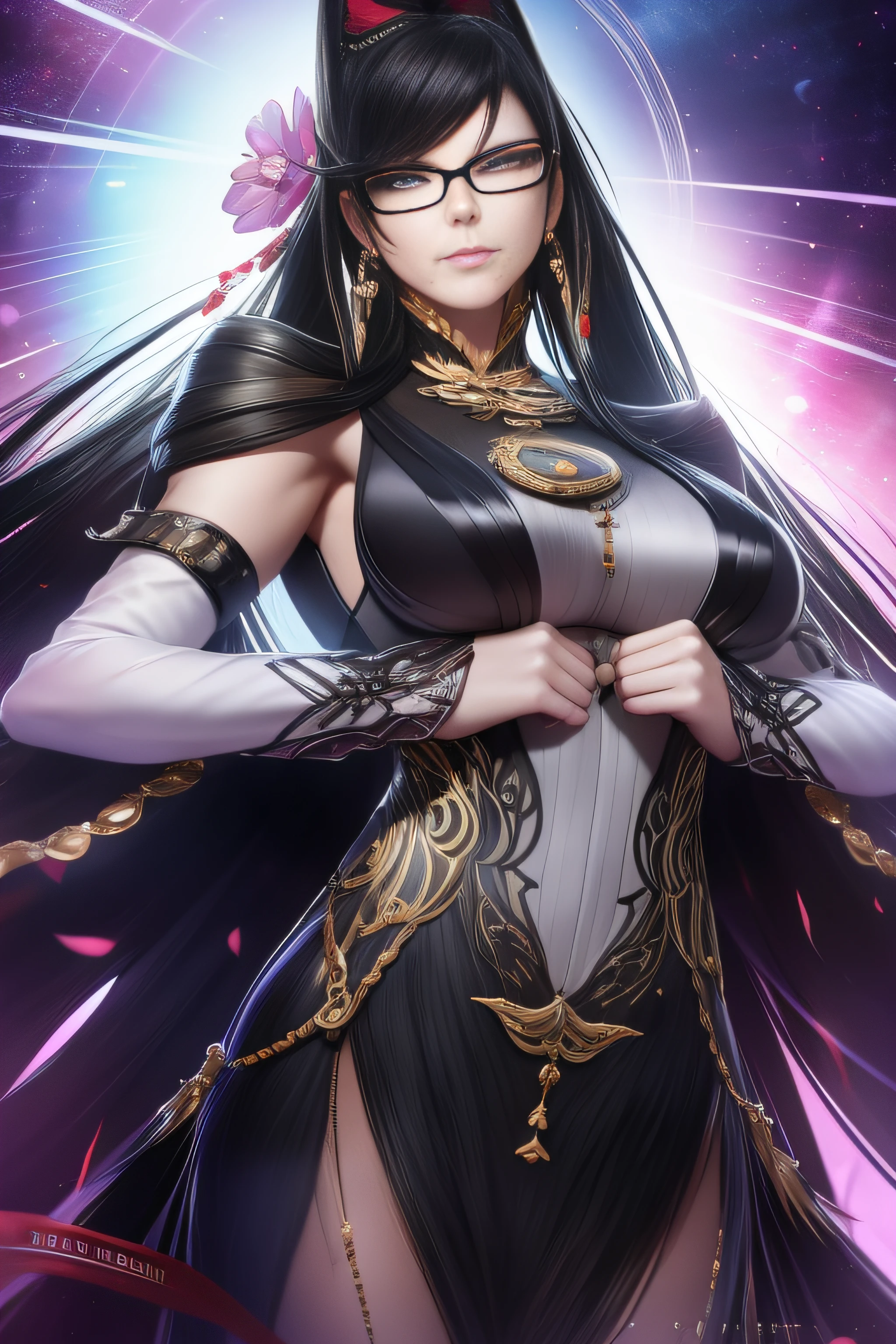 k hd， realisticlying，  详细的脸， Detailed body， 独奏，bayonetta、 Mature woman，1female，独奏，brunette color hair，white skinned，Pale skin，little breast、underboobs，Light_Smile，B - Excellent，Porcelain dress，Cross your arms，full bodyesbian，exteriors，natta，Dynamic posture，nipple tassels、（（Hands behind your back）），clear detailed face、1 mole on the lip、（（Illegal oral cavity、Straight teeth、You can see it in your mouth））（（Light frown，Be red in the face）），shiny skins，dent in the skin，realisticlying，tmasterpiece，highest  quality，A high resolution，Telefocal、From below、