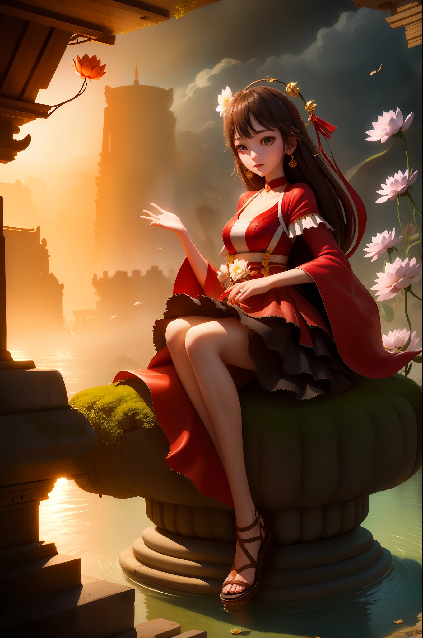 the night,Lotus lotus leaves,ancient wind,tower,pools of water,Skirt