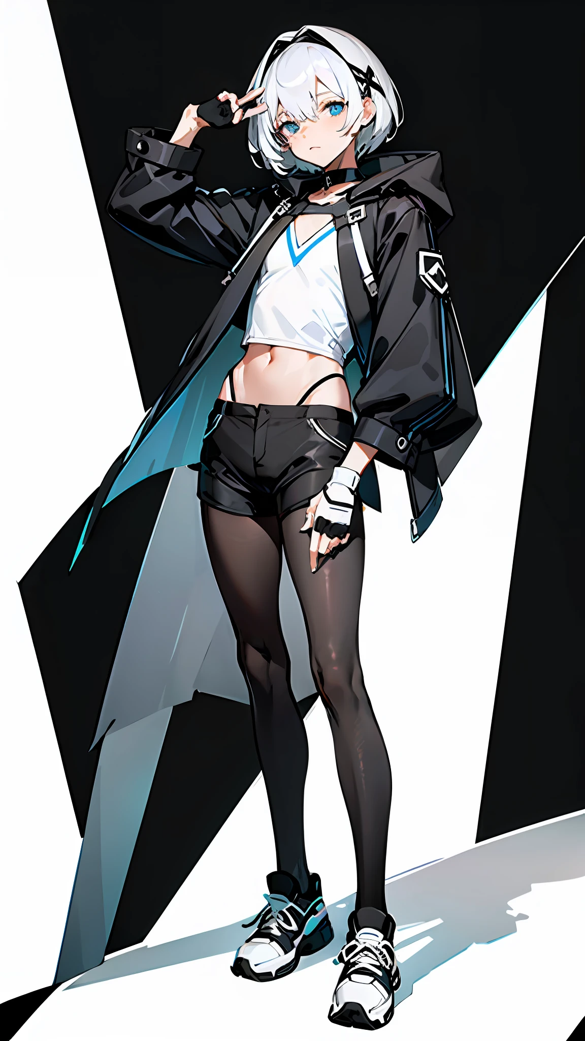 Masterpiece, Best quality, Solo,Boy, Pantyhose, White hair,Short hair, White shirt,(Black shorts:1.5), blackfootwear, full bodyesbian, Black pantyhose, shirt, Shorts, Coat, Open coat, view the viewer, Hood, Sneakers, Open clothes, Black coat, (Flat chest:1.7), No breasts,Long sleeves, bangs, Fingerless gloves, Short hair, hair between eye,Black background