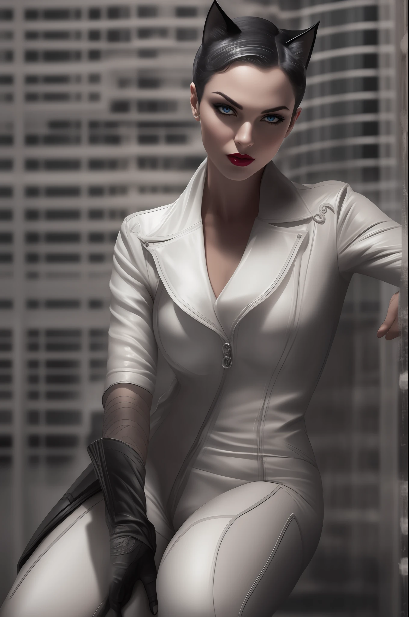 "beautifull white catwoman full body portrait" Blue eyes, thin and arched eyebrows, short and sleek hair, very gentle and bewitching expression, red lipstick. The main idea of the image is a portrait of white Catwoman's full body portrait. The environment is a dimly lit room with a hint of mysterious shadows. The camera model used is a high-resolution DSLR. The composition focuses on Catwoman's full body portrait, with the eyes and lips as the main points of interest. The perspective is slightly tilted, adding a dynamic feel to the image. The lighting is dramatic, with a soft spotlight illuminating Catwoman's full body portrait from the side, casting intriguing shadows. The depth of field is shallow, with the focus on Catwoman's eyes and lips, creating a dreamy effect. The shutter speed is set to capture the details of Catwoman's expression without any motion blur. The photo quality is crisp and sharp, capturing every intricate detail of Catwoman's features.