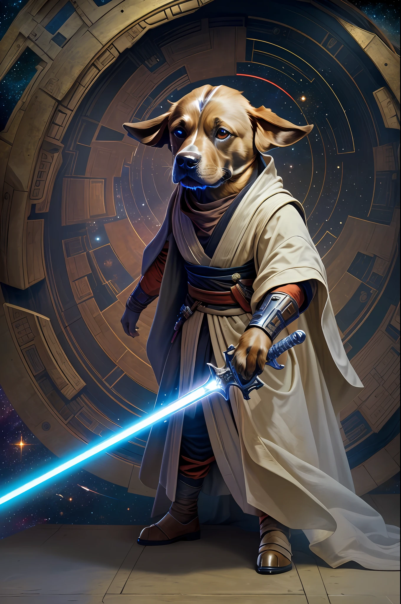 Ridiculous resolution, A high resolution, (Masterpiece:1.4), ultra - detailed, 1 dog-headed Jedi, show,Laser sword,looking from above, the space, afloat, --v 6