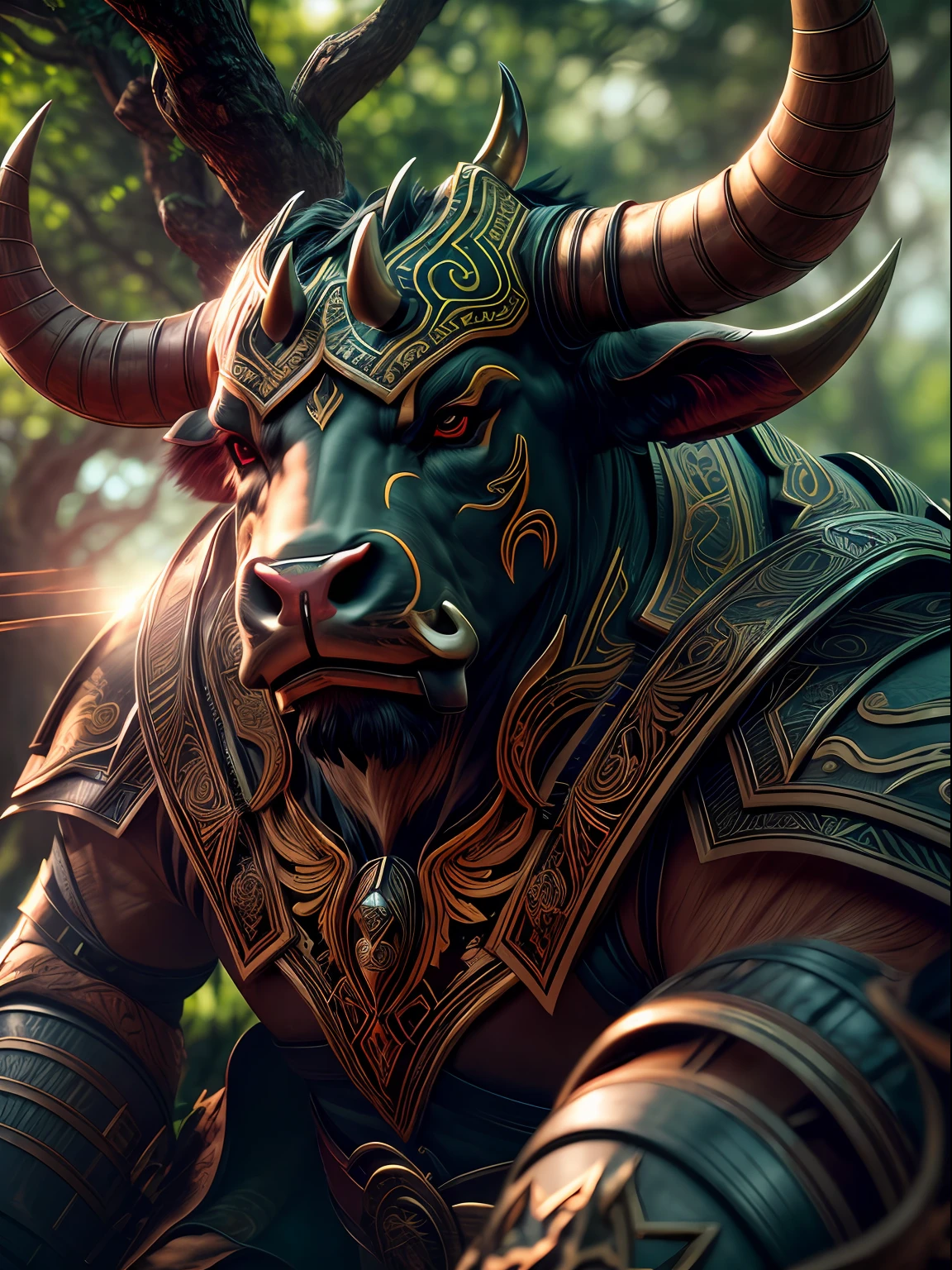 (high resolution, .CGI, Masterpiece:1.3), (Detail of humanoid bull wearing leather warrior armor.CGI images:1.2), (Sony Alpha 7R IV camera, Ideal for capturing intricate details:1.3), (With Sony FE 85mm f/1.4 GM lens:1.3), (Powerful shape focus:1.1), (Leather armor decorated with tribal markings:1.1), (Bull horns sparkle:1.1), (The forest surrounds the scene with lush greenery:1.1), (the sunlight filters through the leaves of the tree:1.1), (The gaze radiates brilliantly:1.1), (Original sense of elegance and power:1.1), (An atmosphere full of mystery and power:1.1), (A breathtaking and mesmerizing image of a humanoid bull in its natural habitat:1.1), Cinematic, Hyper-detailed, insanely details, beautifully color-graded, illusory engine, degrees of freedom, Hyper-Resolution, megapixel, Cinematic lightning, Anti-aliasing, FKAA, TXAA, RTX, SSAO, post-proces, postproduction, Tone-mapping, .CGI, vfx, SFX, insanely detailed and intricate, hyper-maximalist, Ultra photo realsisim, volumetr, Photorealistic, The ultra-realistice, Ultra-detailed, Intricate details, 8K, Super detailed, Full color, Volumetric lightning, hdr, Realistic, illusory engine, 16k, Sharp focus, rendering by octane