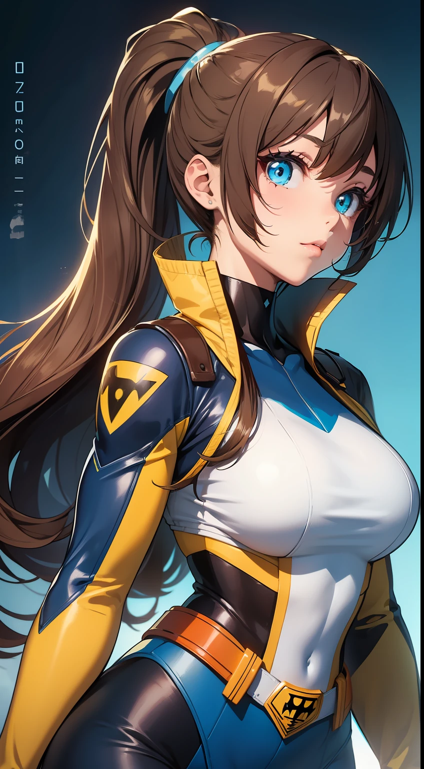 young girl, Long brown hair, high ponytail, Cyan eyes, Blue and yellow superhero uniform, Masterpiece, hiquality