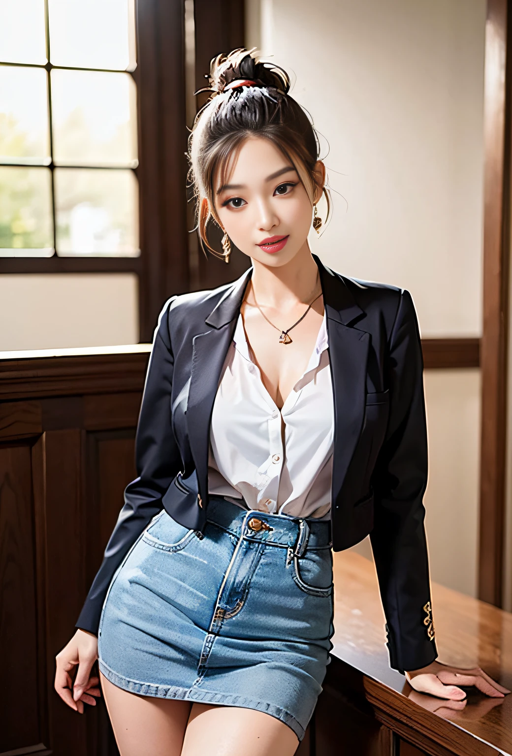 Sophisticated, masterpiece, beautiful details, colorful, fine details, delicate lips, intricate details, big breasts, 1 female, (a beautiful 20 year old cute Korean female: 1.1), (kpop idol, mixed Korean), ( 50mm Sigma f /1.4 ZEISS lens, F1.4, 1/800s, ISO 100, photograpy:1.1), (ponytail+black hair:1.2), (photorealistic:1.4), (spy:1.2), (open jacket, shirt, skirt, tie, black pantyhose, christian louboutin\(brand\),: 1.3), earrings, necklace, armband, (tavern, bar: 1.2), (beautiful legs, tall girl, skinny, slim_legs, thigh_gap, model :1.2), lens flare, viewed from the front, (happy smile: 1.1), dynamic pose, (makeup: 1.2), sitting on a bar stool,