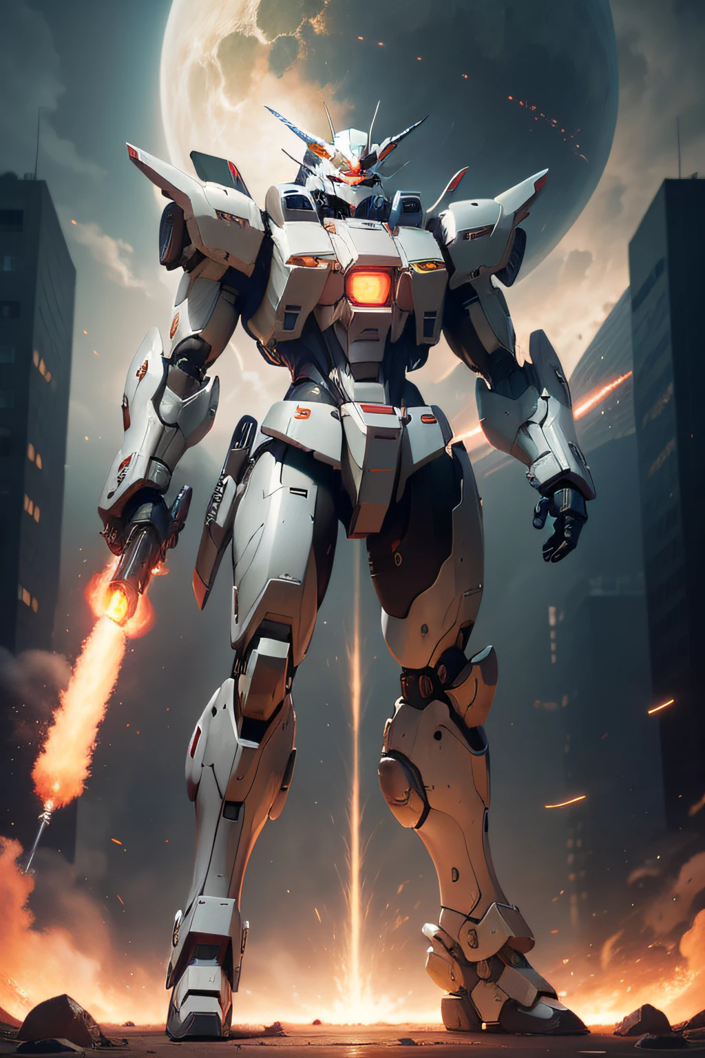 Surrealism, Ray Tracing, Photorealistic, UHD, High Detail, 32k, Best Quality, Textured Skin, Gundam Mecha, Flight, Funnel, Mecha Ship, Masterpiece, Best Quality, Mecha, Unmanned, (Full Body), (Black Mecha: 1.8), (Axisymmetric: 1.4), (HDR), (Movie Light: 1.1), White Eyes, Cool, Science Fiction, Fire, Universe, oversized shield, mecha man overlooking the background of the earth, with laser cannon beams, wars, conflicts, weapons in hand (has a huge weapon: 1.5),