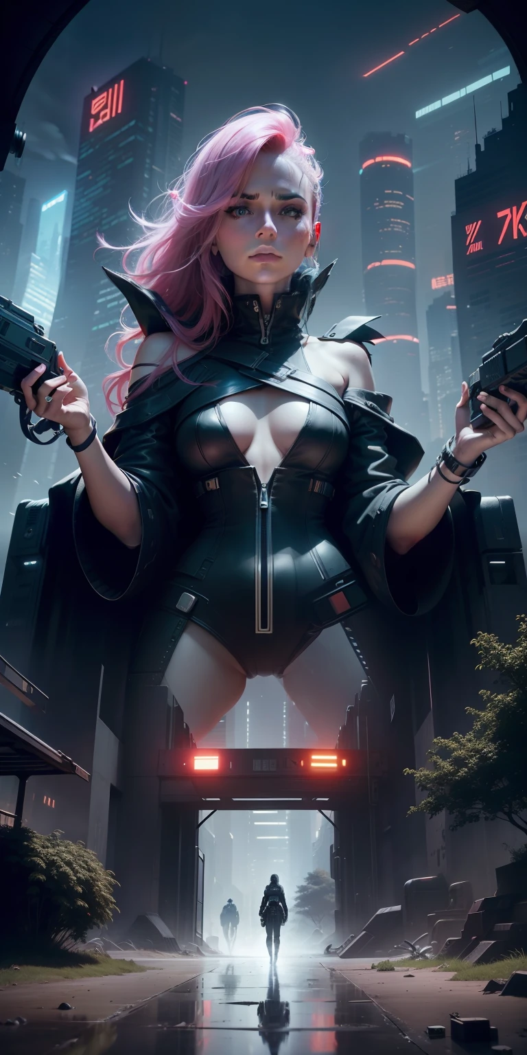 color photo of a cyberpunk illustration of a beautiful woman with petulant gaze emerging from a tunnel into a forest. The city skyline is seen in the background, and the sky is sunny. The environment is filled with a mix of natural and technological elements. The mood is futuristic and adventurous. The digital art is created using a Wacom Cintiq Pro and Adobe Photoshop. The camera settings include a high contrast and saturation to create a cyberpunk look. Directors: Ridley Scott, Denis Villeneuve. Cinematographers: Roger Deakins, Hoyte van Hoytema. Photographers: Tim Walker, Annie Leibovitz. Fashion Designers: Alexander McQueen, Gareth Pugh, Iris van Herpen.