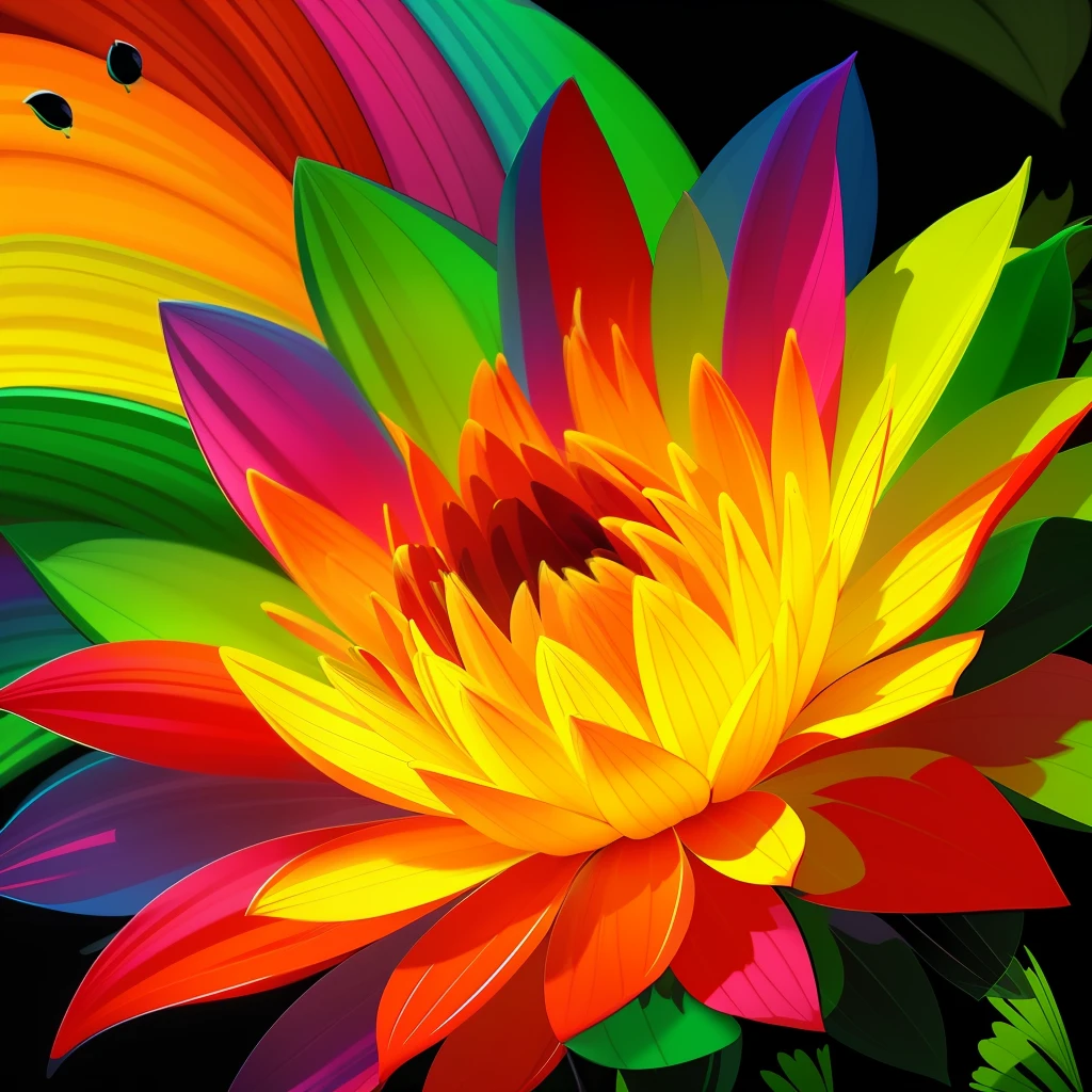 Brightly colored flowers with green leaves isolated on black background, a magical colorful flower, Vibrant digital painting, Beautiful flowers, Strong and vibrant colors, Colorful Digital Painting, Colorful HD Drip, Vivid and rich colors, rich floral color, beautiful and colorful, Vivid and colorful, Detail and vibrant colors, Beautiful bright colors, stylized digital art, Vivid realistic colors