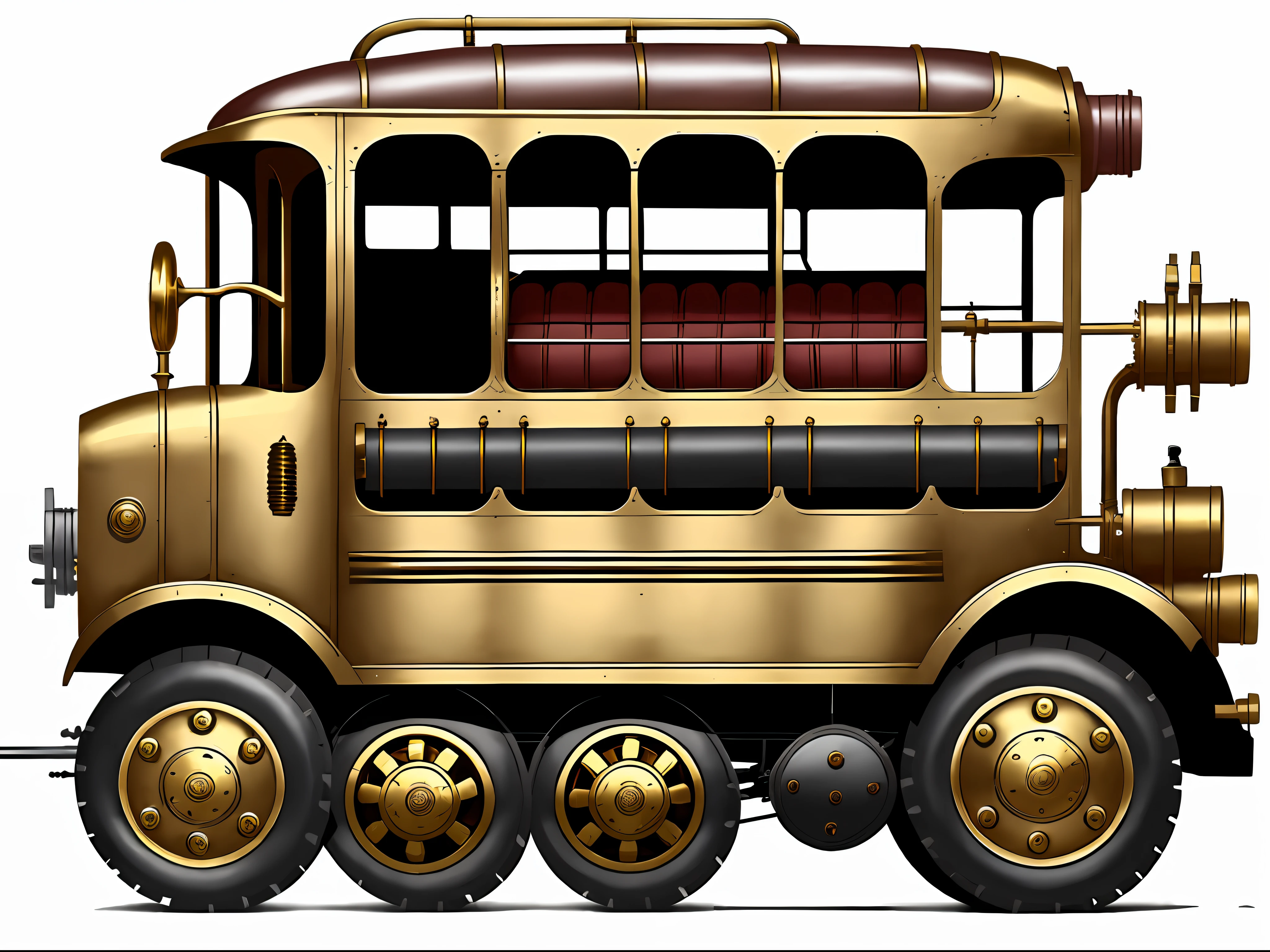 school bus、steampunc、from side view、brass、steel、Great photos of pipes、White background