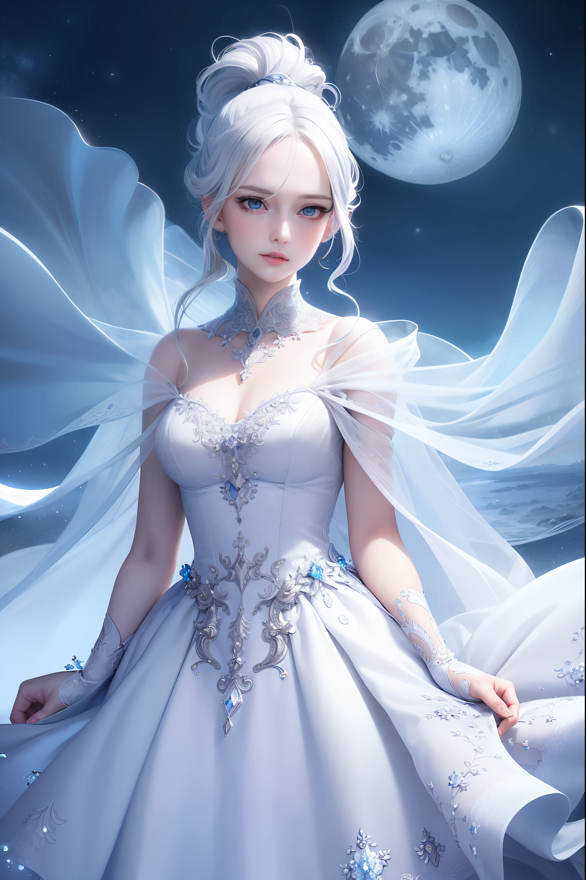 masterpiece, (best quality:1.2), (ultra-detailed:1.2), illustration, (an extremely delicate and beautiful:1.2),cinematic angle,floating, (beautiful detailed eyes:1.1), (detailed light:1.1),cinematic lighting, beautifully detailed sky, women, white hair, blue eyes, (high ponytail:1.1), cloak, glowing eyes, (moon:1.2), (moonlight:1.1), starry sky, (lighting particle:1.1), fog, snow painting, sketch, bloom