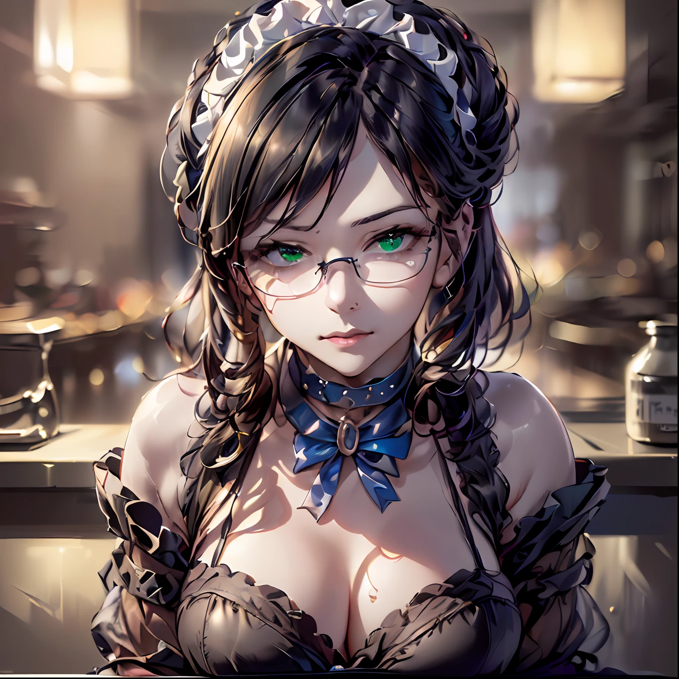 (64k, RAW photo, highres, best quality, masterpiece:2.0), (ultra-fine depiction of the detail:2.0), (realistic, beautiful, photo-realistic:1.3), 1girl, (yuri alpha), (long black hair, slightly messy), (messy diagonal bangs), (single braid bun, double bun), (shiny black hair, blue-gray eyes),(cool glasses), (gothic style vivid blue choker), (blue bowtie and ribbon) (simple but high-quality maid dress), (elaborately designed, vivid dark emerald green, spiked gantlets), (solemn maid dress with gothic style coreset), (huge breasts, sexy cleavage), (elegant and handsome woman), (shiny skin, pink lips), (looking at the viewer), (a caring, gentle, gaze toward the viewer:1.4), (closed mouth, a faint smile:1.2), (at a quiet bar counter, filled with solemn, mysterious atmosphere), (highly sophisticated professional HDR, with effective ambient occlusion, perfectly optimized effective spot light and front light:1.8), (perfect, natural, harmonious composition), (photo-realistic, ultra-detailed:1.5), ((portrait:1.6)),