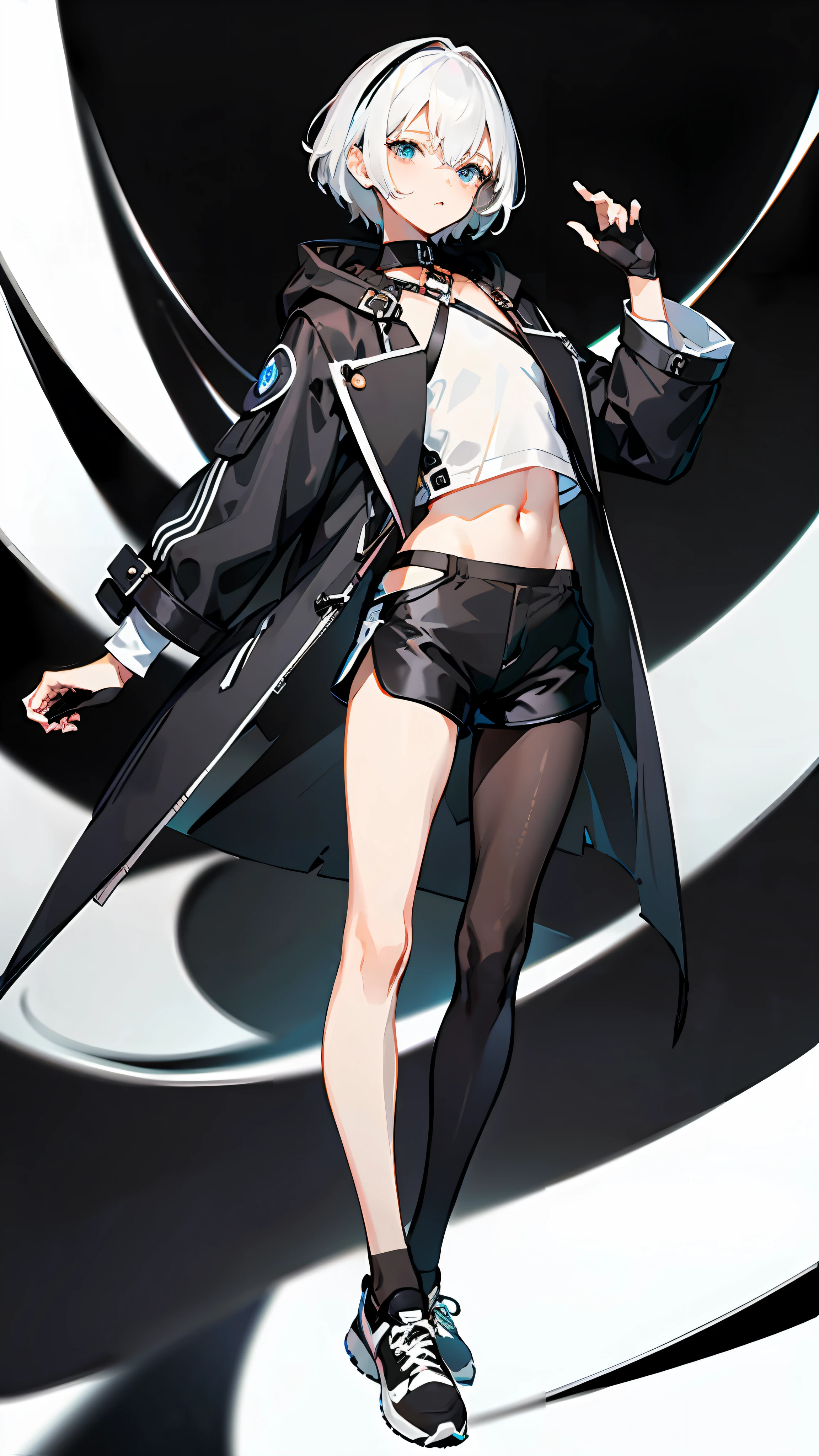 Masterpiece, Best quality, Solo,Boy, Pantyhose, White hair,Short hair, White shirt,(Black shorts:1.5), blackfootwear, full bodyesbian, Black pantyhose, shirt, Shorts, Coat, Open coat, view the viewer, Hood, Sneakers, Open clothes, Black coat, (Flat chest:1.7), No breasts,Long sleeves, bangs, Fingerless gloves, Short hair, hair between eye,Black background