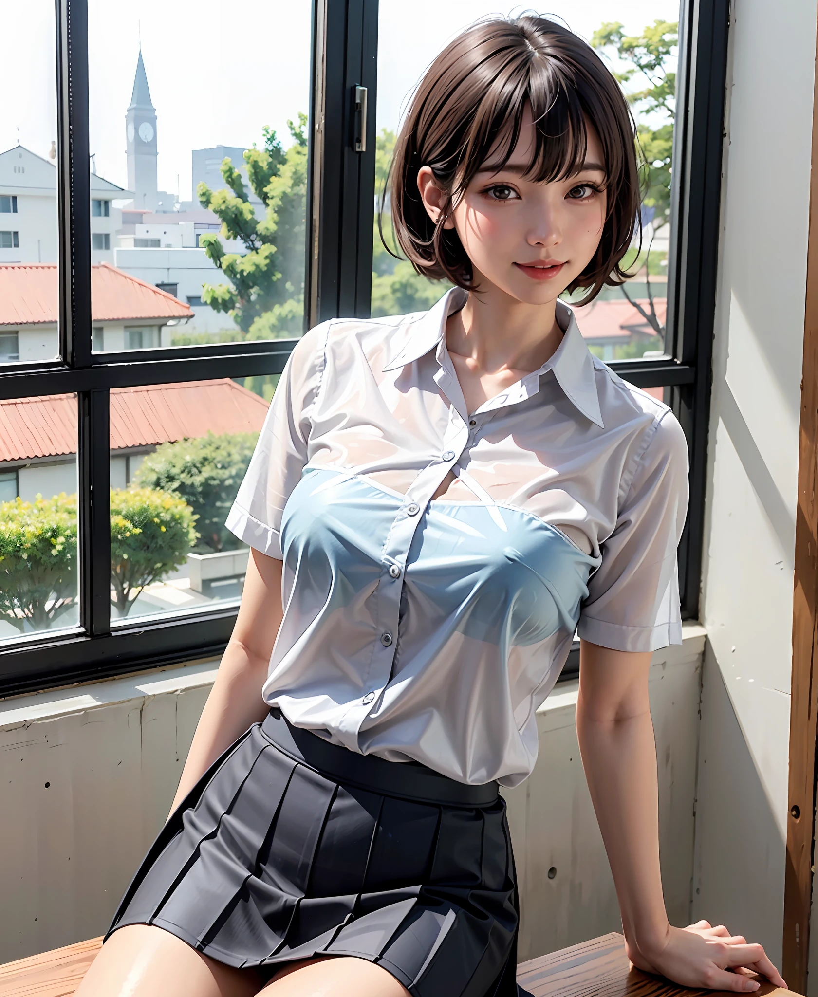 (masterpiece、top-quality:1.2、high-detail), Surreal High School Girl, 独奏, 1girl in, Yukinoshita Yukino, (shinny skin、wetted skin:1.2), Wearing sweat, I'm smiling really happily, Watch your audience carefully, all-fours, 校服, white shirt, plaid skirts, thighs thighs thighs thighs, PM, Classroom Surreal High School Girl、Very tall woman、short hair with clean bangs of 46 points,,,、the neck is long、Put your ears out、Arms out、mideum breasts、Distinct double eyelids、big eye、The beauty of the golden ratio、Perfect Anatomy、Perfect and detailed body、Close your mouth and smile really happily