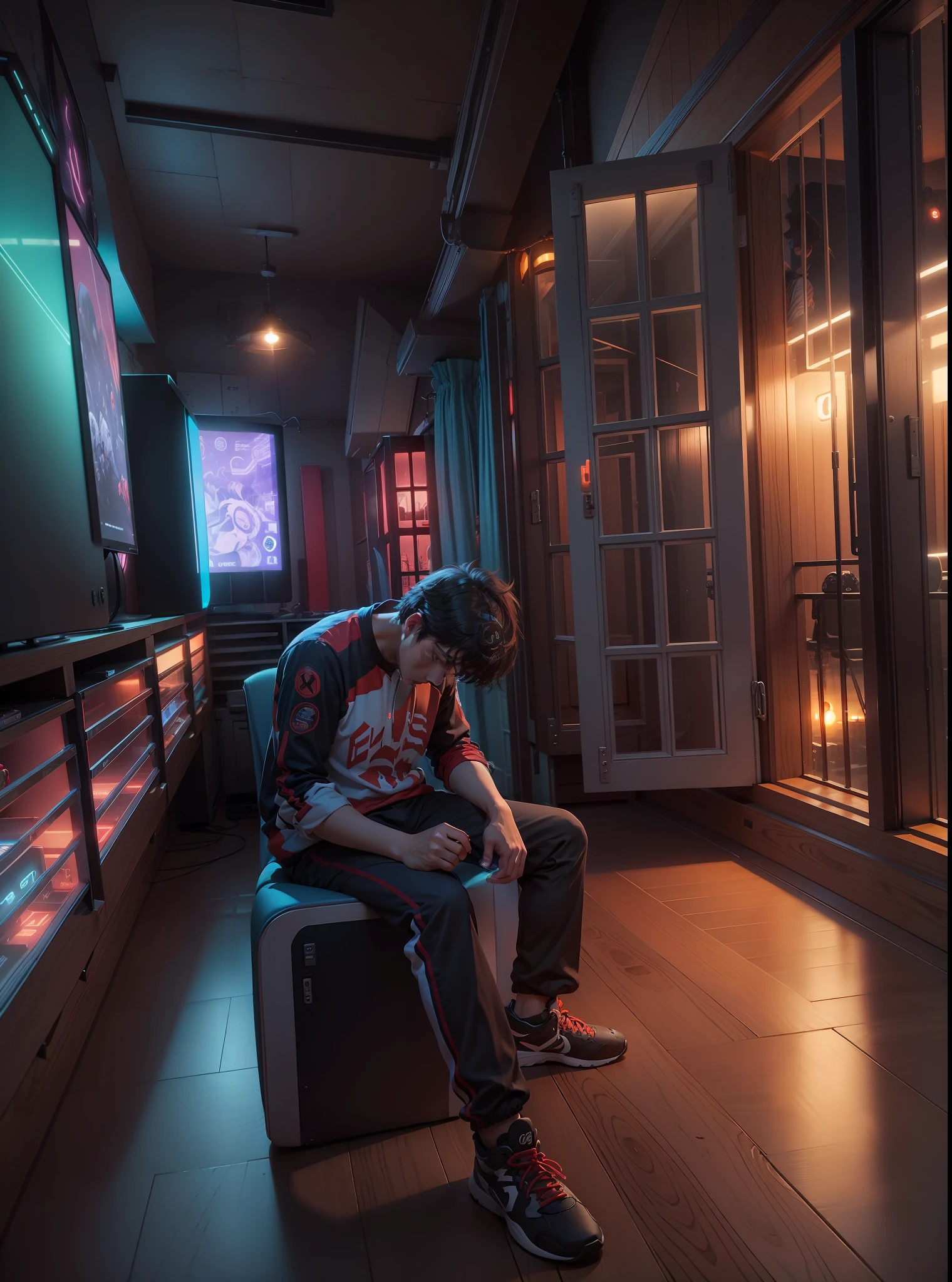 hestyle  inside view of gaming room at evening, colorful night