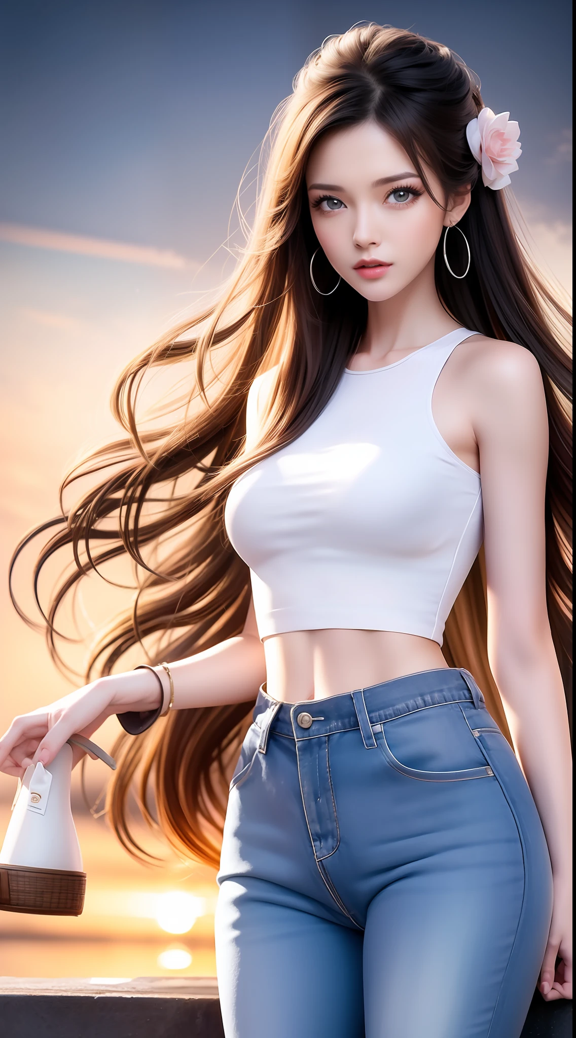 4k ultra hd, masterpiece, very high quality, a girl, age 20 years old girl, good face, smooth face, detailed eyes, beautiful hair, very long hair, hair band, cute look, modern clothes, shirt, half jeans, good shoes, sitting, morning background, buildings, sun lights, clear weather, stylish looking,