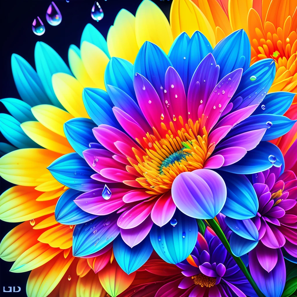 Close up of bunch of flowers with water droplets, a magical colorful flower, rich floral color, magical flowers, Vivid and rich colors, Colorful Alien Flora, colorful flower, Colorful flowers, Colorful HD Drip, Vivid and colorful, beautiful art uhd 4 k, beautiful and colorful, neon flowers, Strong and vibrant colors, colorful and vibrant, intricate vibrant colors