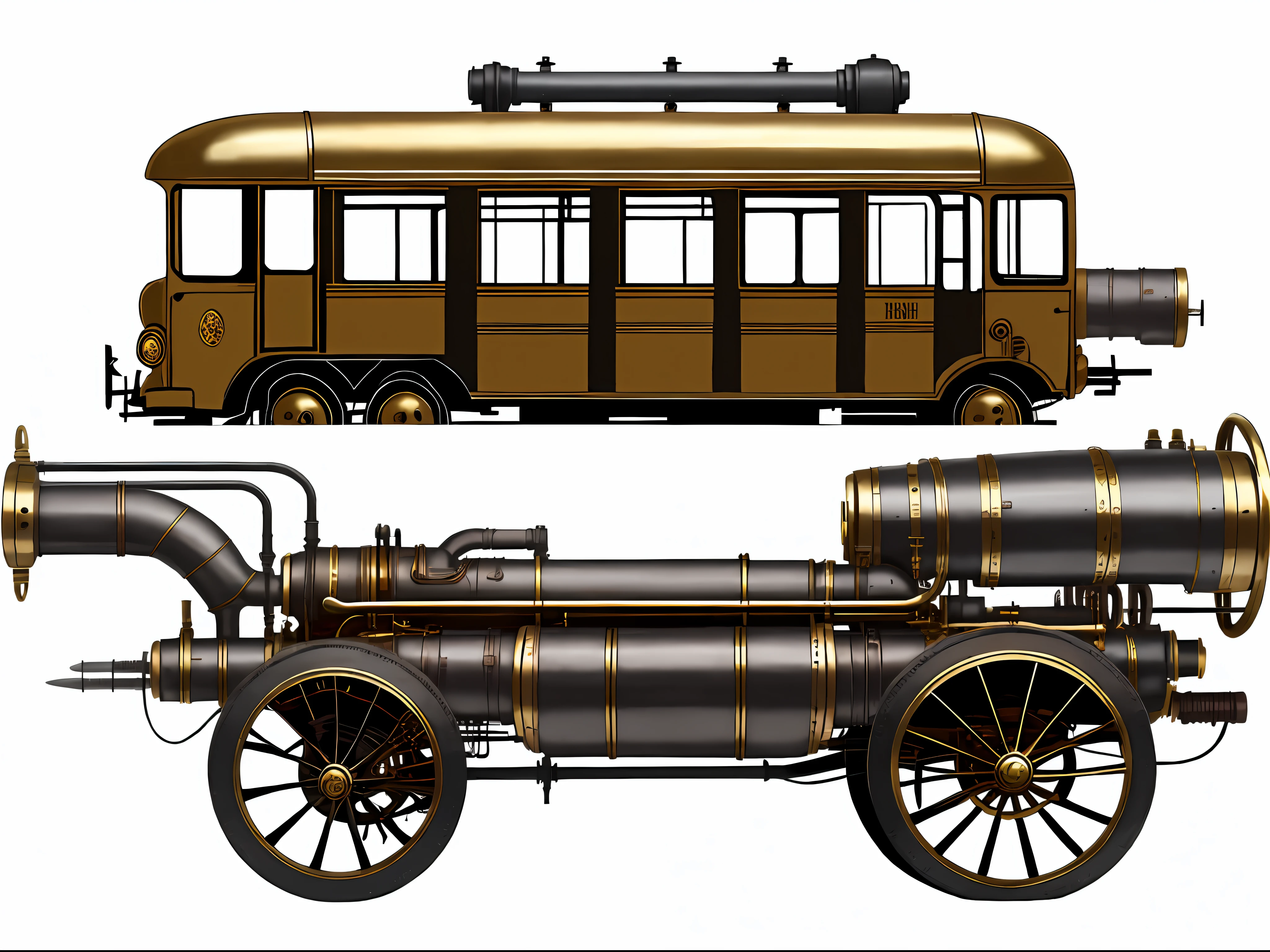 school bus、steampunc、from side view、brass、steel、Great photos of pipes、White background