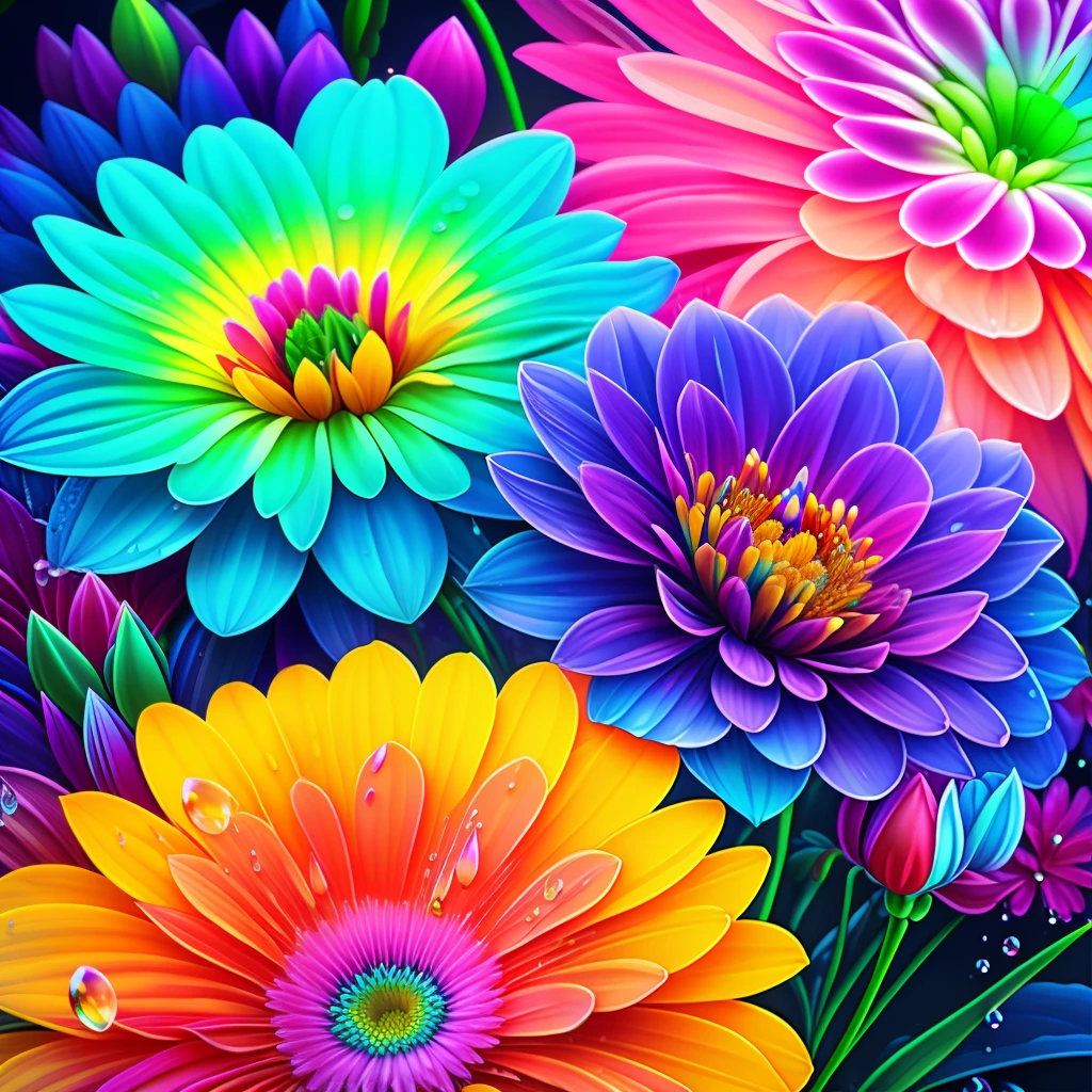 Close up of bunch of flowers with water droplets, a magical colorful flower, rich floral color, magical flowers, Vivid and rich colors, Colorful Alien Flora, colorful flower, Colorful flowers, Colorful HD Drip, Vivid and colorful, beautiful art uhd 4 k, beautiful and colorful, neon flowers, Strong and vibrant colors, colorful and vibrant, intricate vibrant colors