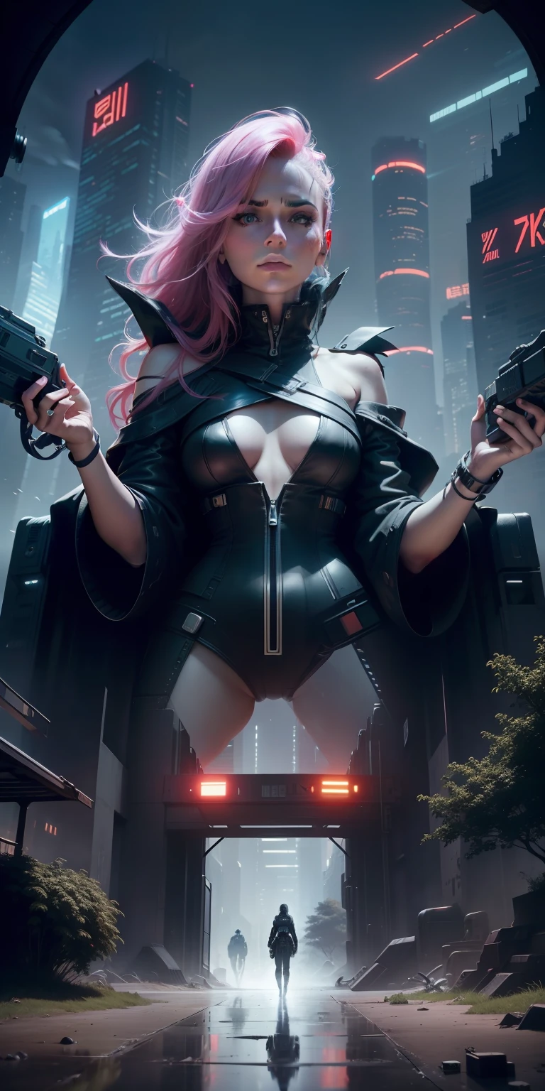 color photo of a cyberpunk illustration of a beautiful woman with petulant gaze emerging from a tunnel into a forest. The city skyline is seen in the background, and the sky is sunny. The environment is filled with a mix of natural and technological elements. The mood is futuristic and adventurous. The digital art is created using a Wacom Cintiq Pro and Adobe Photoshop. The camera settings include a high contrast and saturation to create a cyberpunk look. Directors: Ridley Scott, Denis Villeneuve. Cinematographers: Roger Deakins, Hoyte van Hoytema. Photographers: Tim Walker, Annie Leibovitz. Fashion Designers: Alexander McQueen, Gareth Pugh, Iris van Herpen.