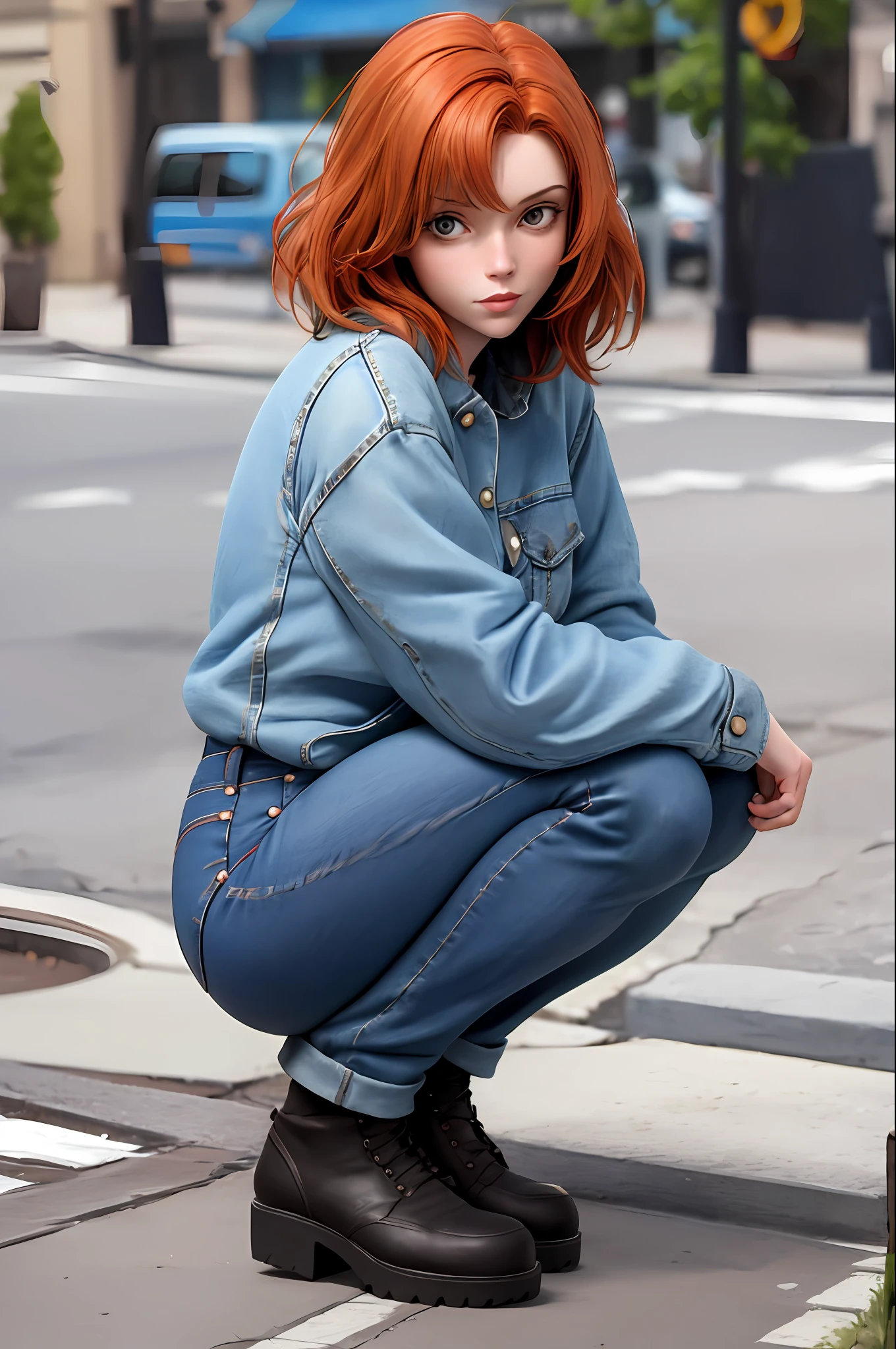 3d,
  gorgeous girl with JEANS ginger hair, looking at viewer,  street fashion, full body, squatting, 
masterpiece, best quality, 8k, detailed skin texture, detailed cloth texture,  beautiful detailed face, intricate details, ultra detailed