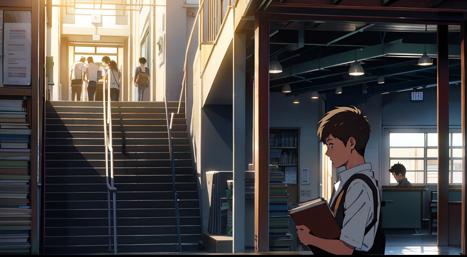 High school campus,Up the stairs,One was wearing a white shirt,The boy with delicate facial features held a stack of books,Followed by a cute girl with short hair