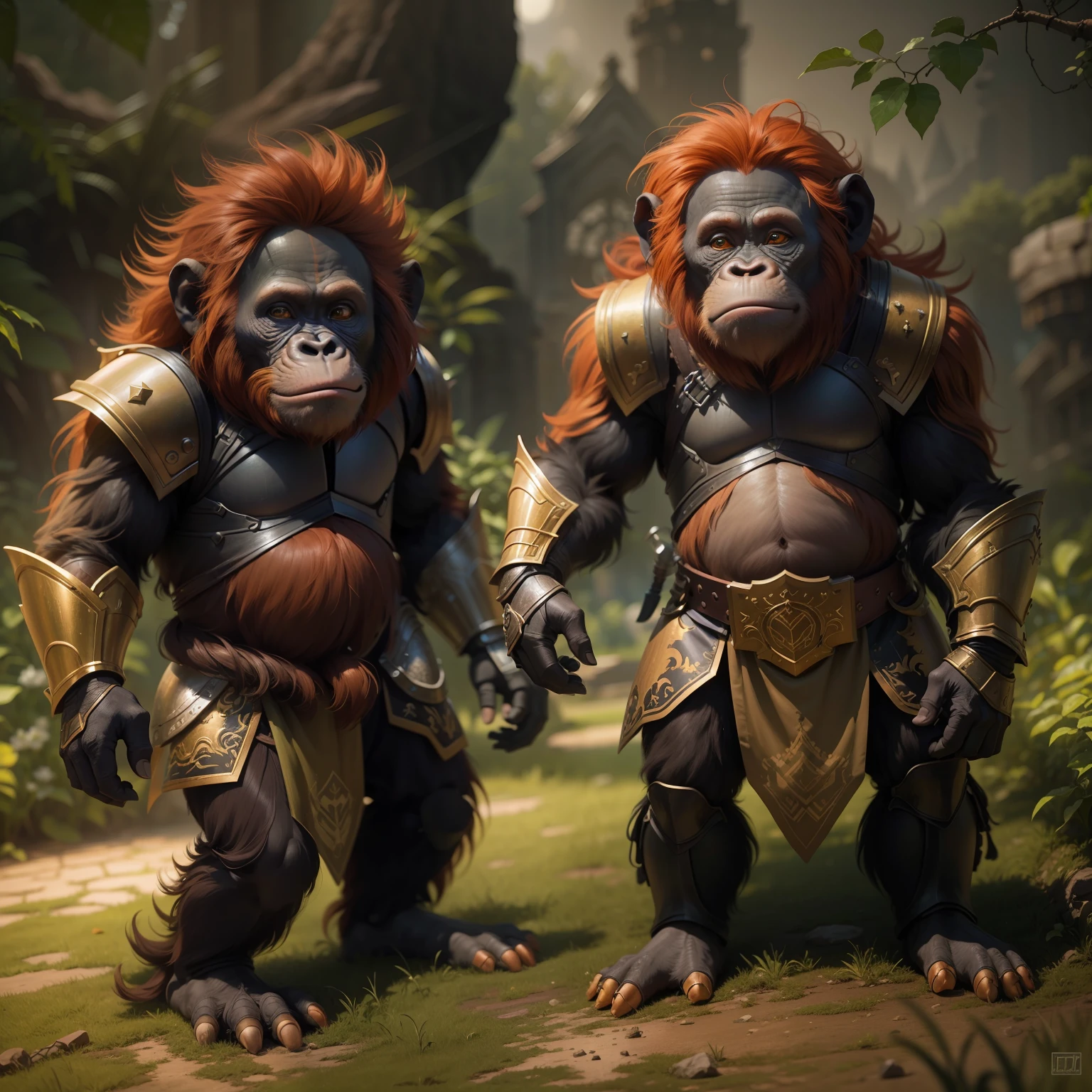 （The little orangutan stands up like a man：1.5），（Full body photo），middle，1 Little Gorilla Knight（orang，Armor，Small stature，emaciated），Stand on both legs，miracle，damaged armor，NOhumans，rays of moonlight，Fantastic brilliance，Destroy the castle，（globalillumination、Ray traching、hdr、The rendering is not realistic、Rational design、tmasterpiece、best qualtiy、hyper HD、cinmatic lighting）
