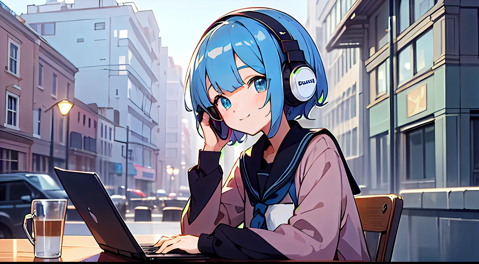 early evening、Terrace seats in a stylish café、Anime girl with headphones, lofi-girl、(Using a laptop on the table))、Upper body, mid-shot, femele, Detailed eyes, ((Anime girl using laptop)), , Short hair, Blue hair, Bangs,Dark blue school uniform, Long sleeves,、frontage、 Smiling smile
