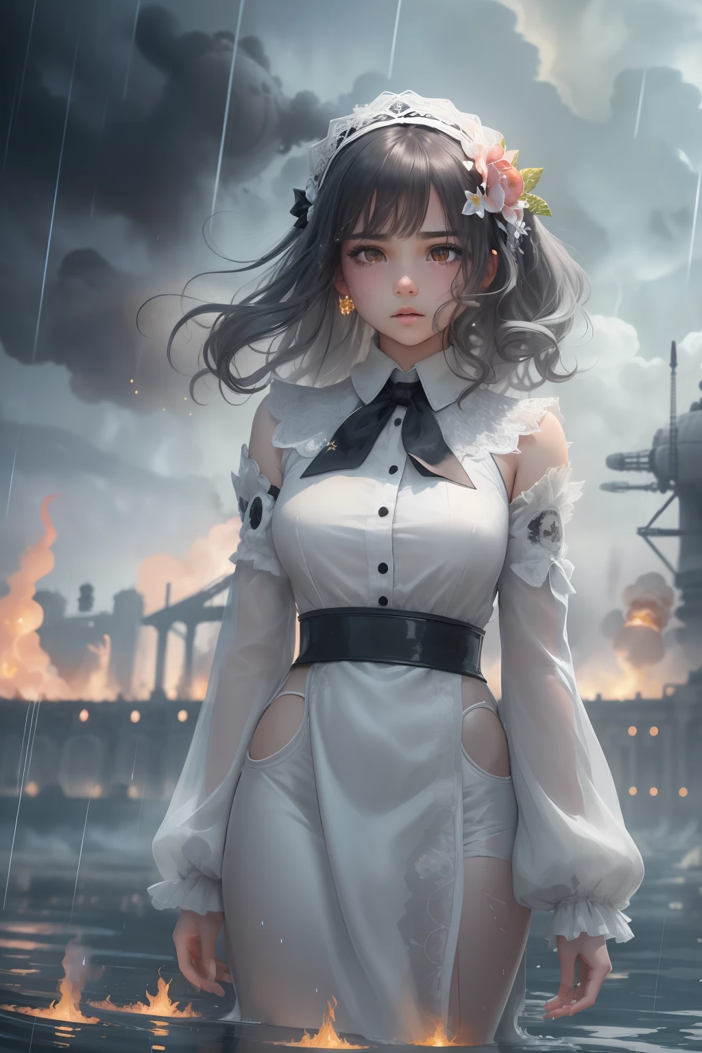masterpiece,best quality, illustration,{beautiful detailed girl},beautiful detailed glow,(flames of war:1.2),(nuclear explosion behide:1.3),rain,detailed lighting,detailed water,(beautiful detailed eyes:1.1),expressionless,palace,azure hair,disheveled hair,long bangs,hairs between eyes,(whitegrey dress:1.1),black ribbon,white bowties,midriff,big forhead,blank stare,flower,long sleeves