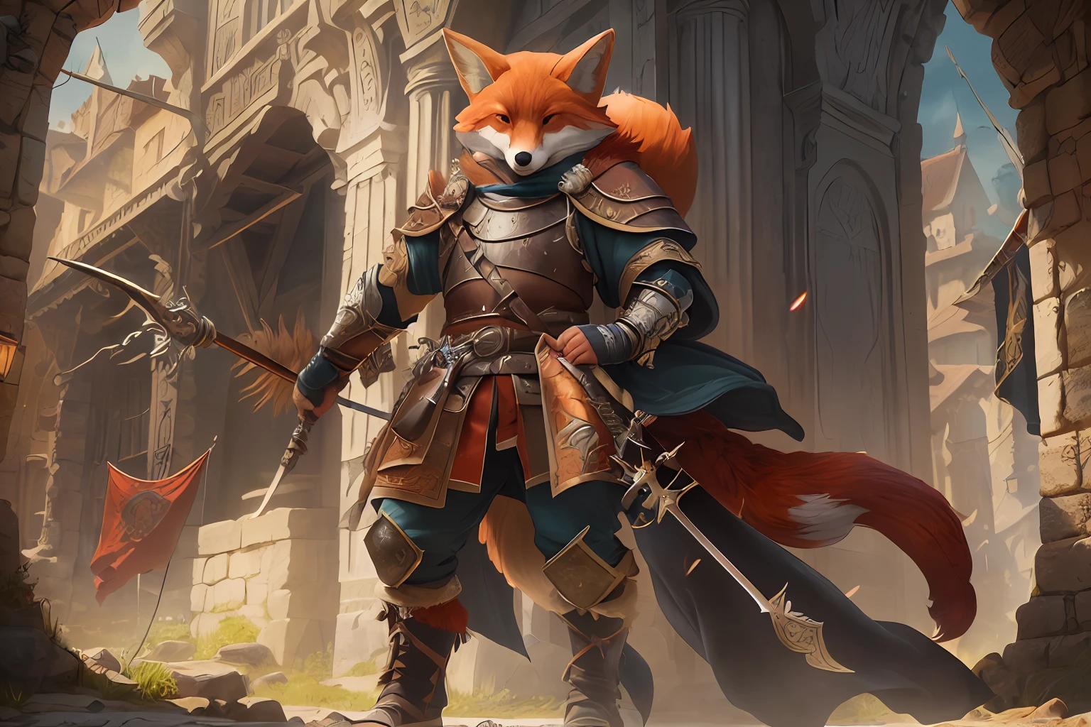 a picture of an an anthro fox warrior, armed with a rapier intense details, Masterpiece, best quality: 1.5), wearing colorful light armor (intense details, Masterpiece, best quality: 1.5), rich red fur, mediaeval street background, 3 musketeers style (intense details, Masterpiece, best quality: 1.5), sense of daring, sense of adventure,  high details, best quality, 8k, [ultra detailed], masterpiece, best quality, (extremely detailed), ultra wide shot, photorealistic, RAW, 3D rendering, fantasy art, dnd art, fantasy art, realistic art, octane rendering, an ultra wide