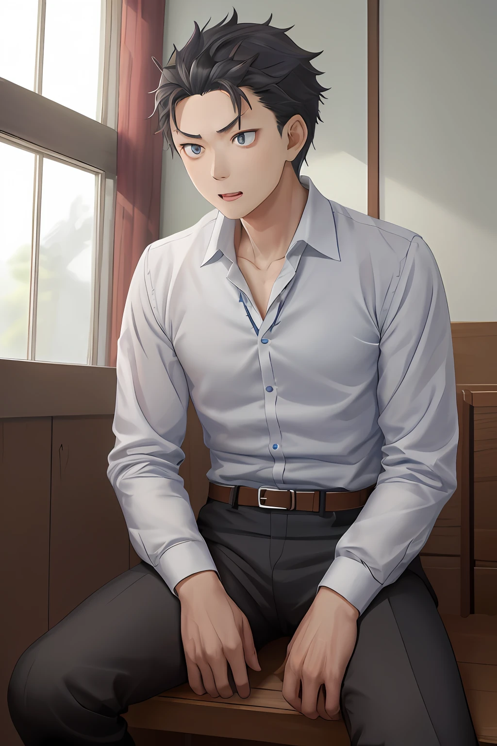 (1 Adult male),A high resolution, Sharp focus, Pixiv masterpiece, ((Complicated details)), highly detailed, natsuki_subaru, 1 man, with her mouth open,full bodyesbian,sit astride, Blue eyes(glowing light eyes), with short white hair,white shirt,Wear a tie,Wear a belt,perspire,look from down