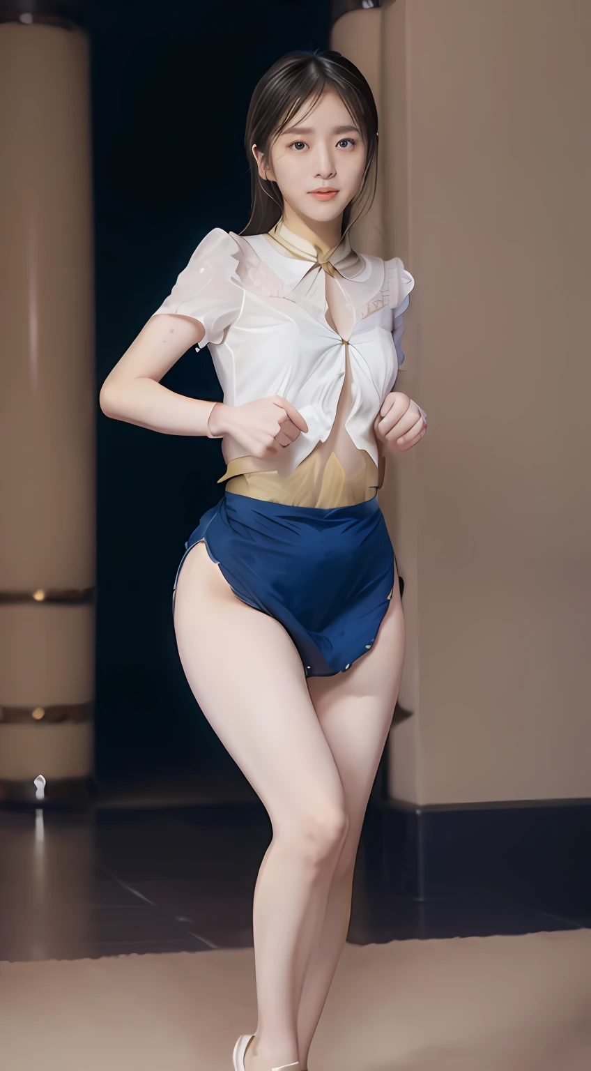 Full body photo from head to toe、The whole picture、maid clothes、Anatomically correct limbs、1 girl in、(8K、Raw photography、top-quality、masterpiece:1.2)、(realisitic、realisitic:1.37)、ultra-detailliert、longshot、Fulll body Shot、realistic eyes and face details、natural skin textures、Dark eyebrows、(((thighs thighs thighs thighs、groin、open one's legs)))、decolletage、Fair skin、A detailed face、真实感、Realistic background、Realistic lighting、(Sweaty skin)