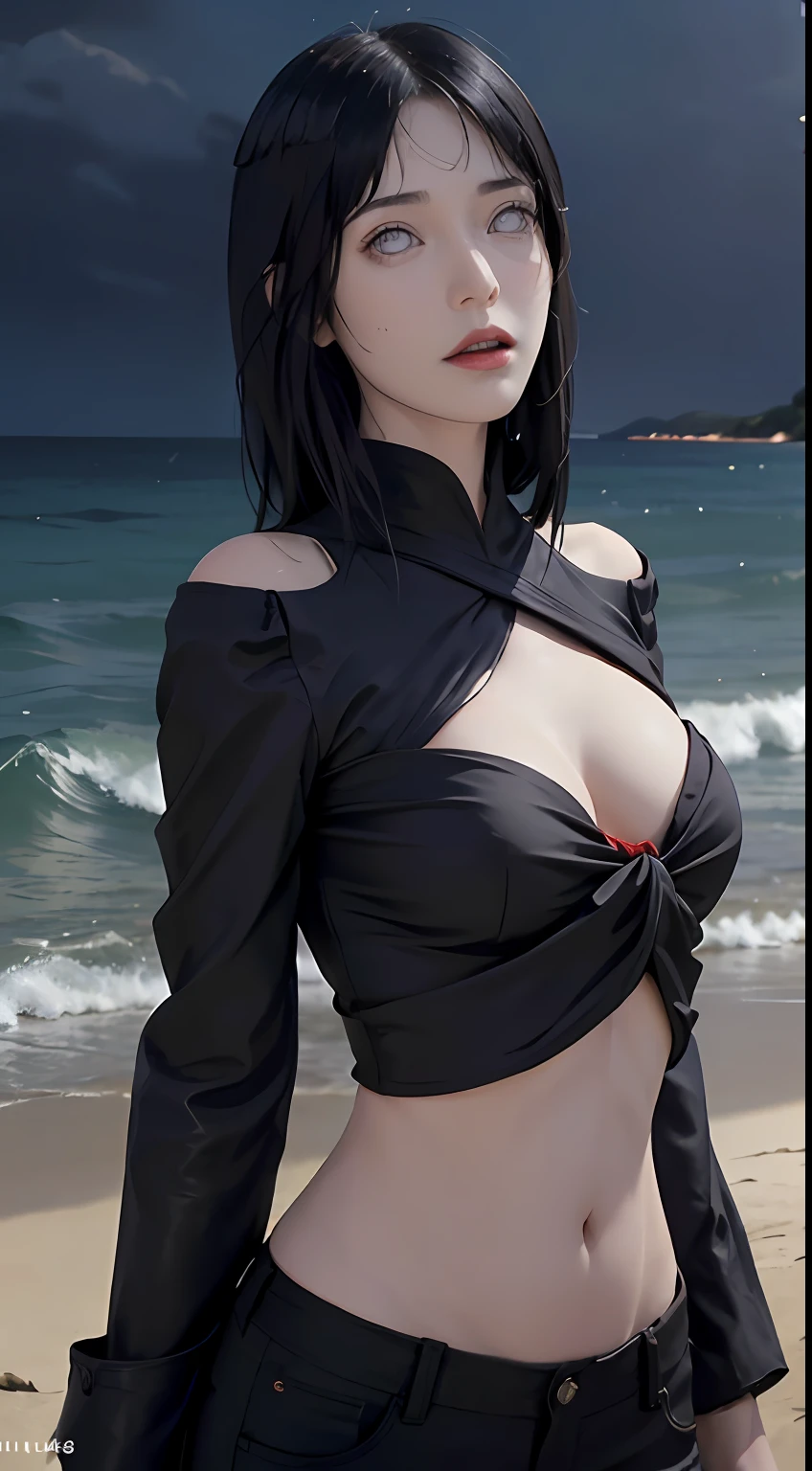 tmasterpiece, Johnny Depp walks across the beach at night among fireflies，brassier，sea beach，nigth, (high detal:1 1), Rough face, Natural skin, high qulity, NSFW,Naruto，Hinata，Black color hair，Straight hair，（Purple clothes：1.3）upperbody closeup，White eyes，Black pants，（Large breasts:1.1），(Skinny figure:1.4)，(Red lips:1.3)，（Off-the-shoulder attire:1.5），(Bickney:1.5)，（ssmile:1.5），(Be red in the face:1.4)，（cleavage:1.4），Purple clothes，beautidful eyes, (Detailed face and eyes), (the face: 1 2), noises,Extra, real photograph,Lamp film photography, sharp fokus, contrasty lighting, Delicate skin, High resolution 8K, insanely details, realisticlying, professional photoshooting, 8K  UHD, SLR camera, softlighting, high high quality, filmgrain, Fujifilm XT3，Keep one's mouth shut，particle fx