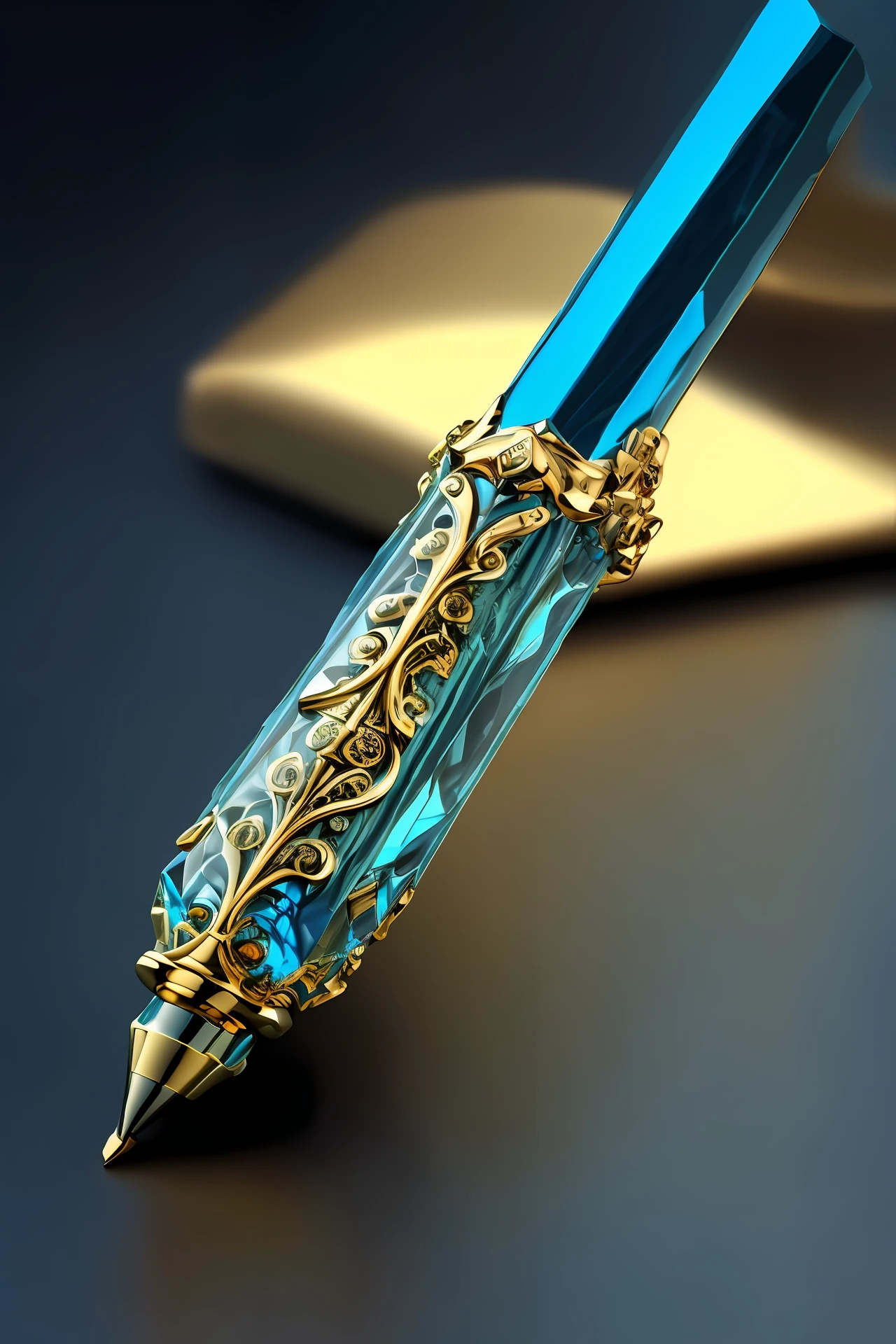 There are pens with gold and blue designs, Highly detailed pen, Blue ballpoint pen, rendered in keyshot, rendered art, Blue Ink Pen, Thin pen, rendered in v-ray, very detailed illustration, Exquisitely gorgeous, rendered, Highly detailed product photos, Stunning detail images, Golden Turquoise Steampunk, cian, Pen with cyan ink