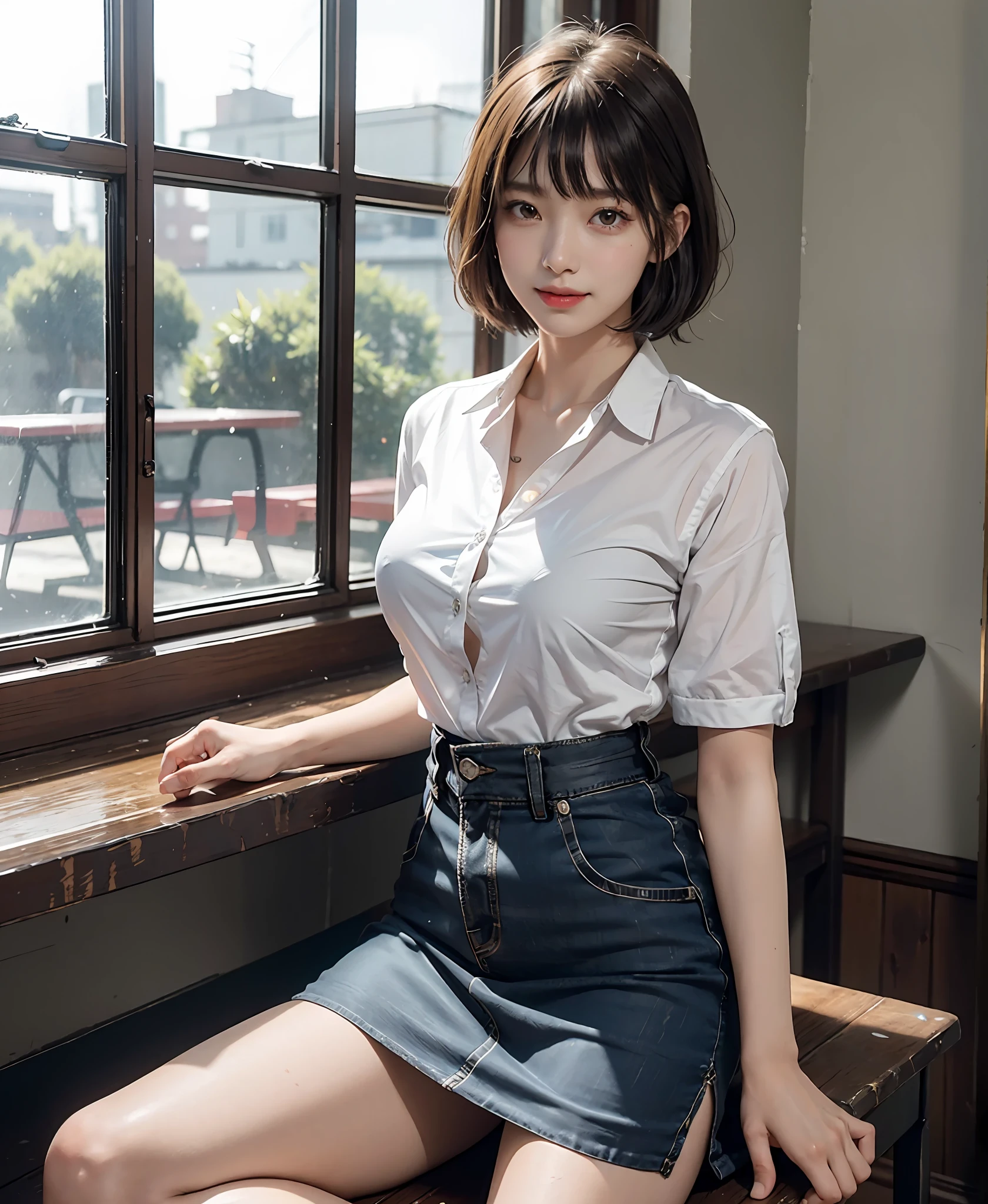 (masterpiece、top-quality:1.2、high-detail), Surreal High School Girl, 独奏, 1girl in, Yukinoshita Yukino, (shinny skin、wetted skin:1.2), Wearing sweat, I'm smiling really happily, Watch your audience carefully, all-fours, 校服, white shirt, plaid skirts, thighs thighs thighs thighs, PM, Classroom Surreal High School Girl、Very tall woman、short hair with clean bangs of 46 points,,,,,,,、the neck is long、Put your ears out、Arms out、large full breasts、Distinct double eyelids、big eye、Pretty pretty face of the golden ratio,、The beauty of the golden ratio、Perfect Anatomy、Perfect and detailed body、Keep your mouth shut、Smile really happily、Arms out、Roll up your sleeves
