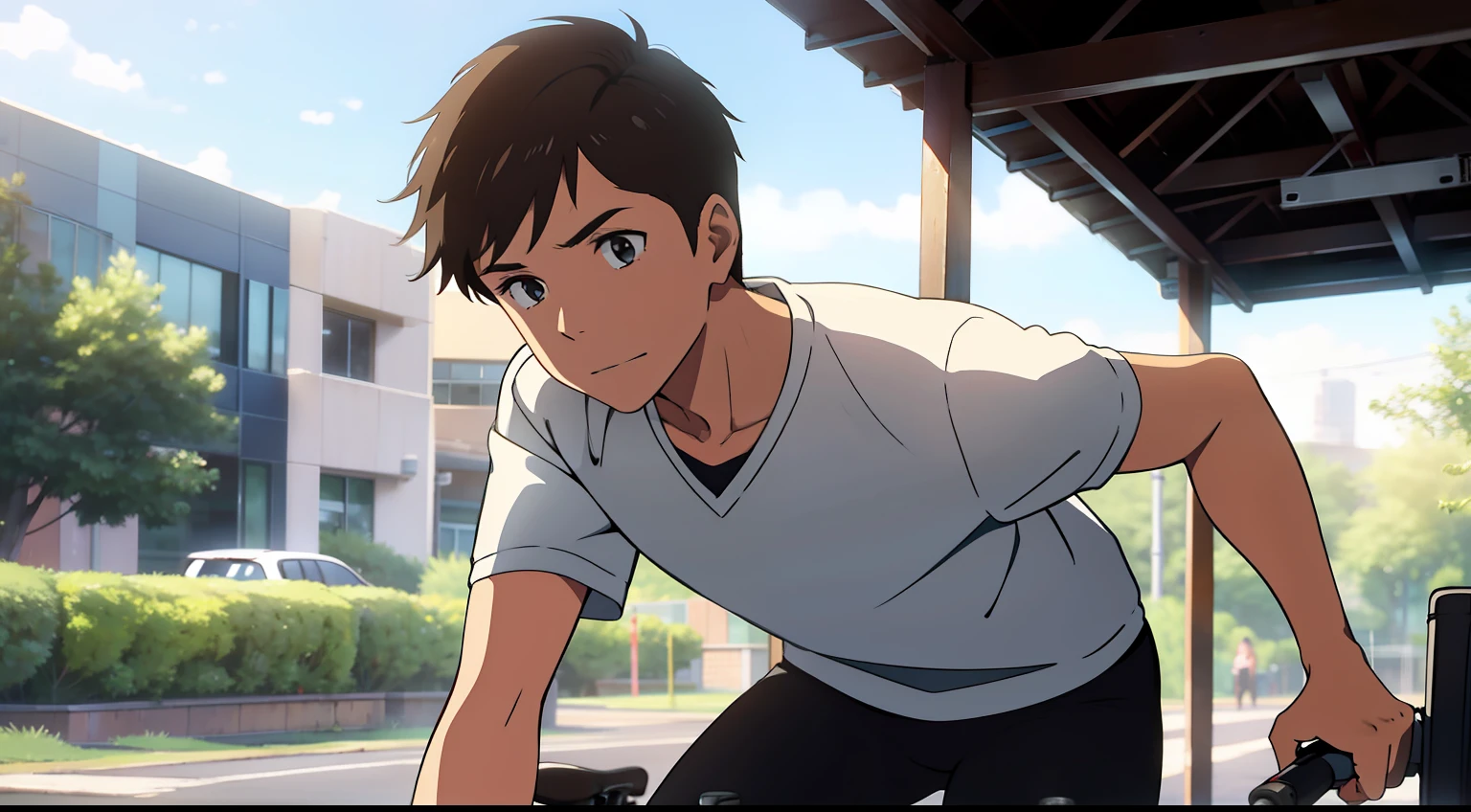 High school campus,One was wearing a white shirt,A boy with delicate facial features,Pushing the bike